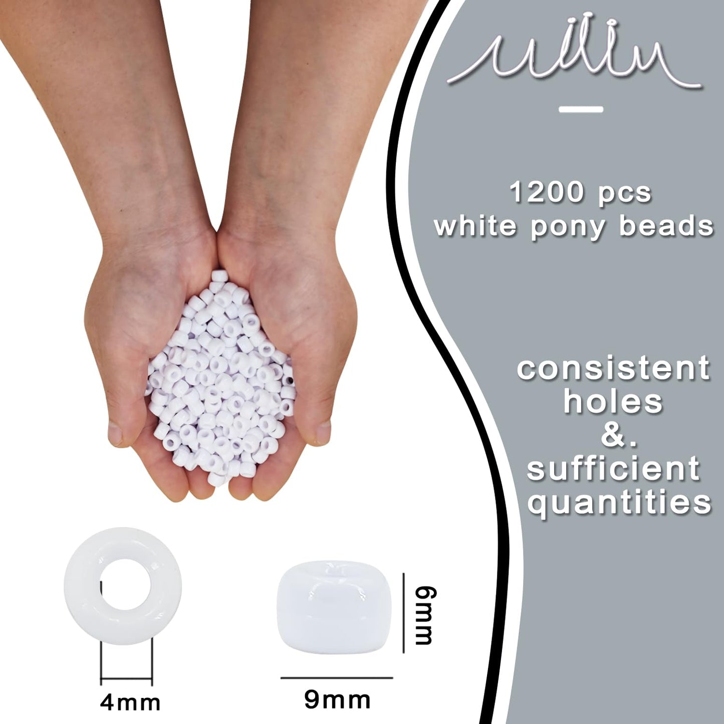 MIIIM 1200PCS 6x9mm Pony Beads Bulk, White Pony Beads for Bracelets Making Kit, Kandi, Hair Braids Crafts for Jewelry Making (White)