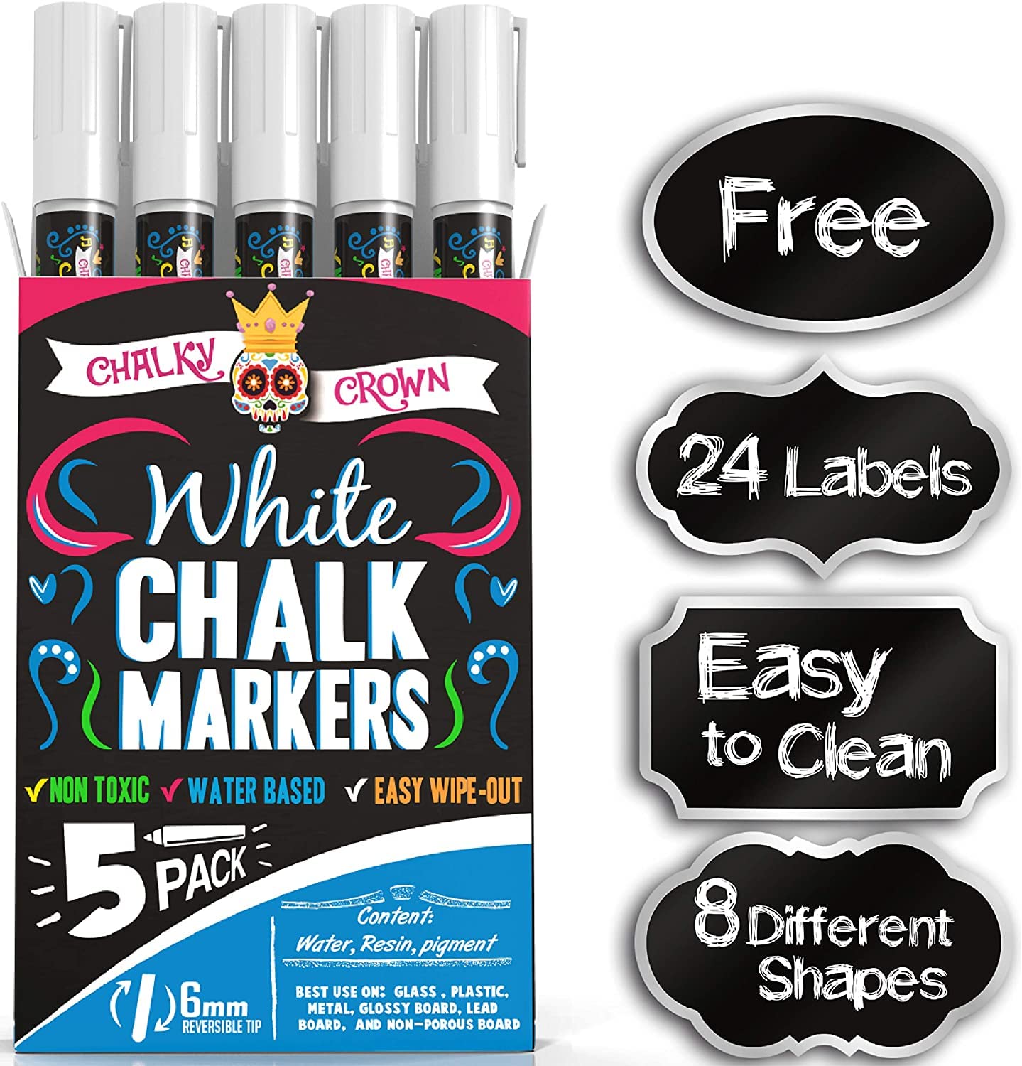 CHALKY CROWN Liquid Chalk Marker Pen - White Drawing Chalk - Chalkboard Markers for Chalkboard Signs, Windows, Blackboard, Glass - 6mm Reversible Tip (5 Pack) - 24 Chalkboard Labels Included
