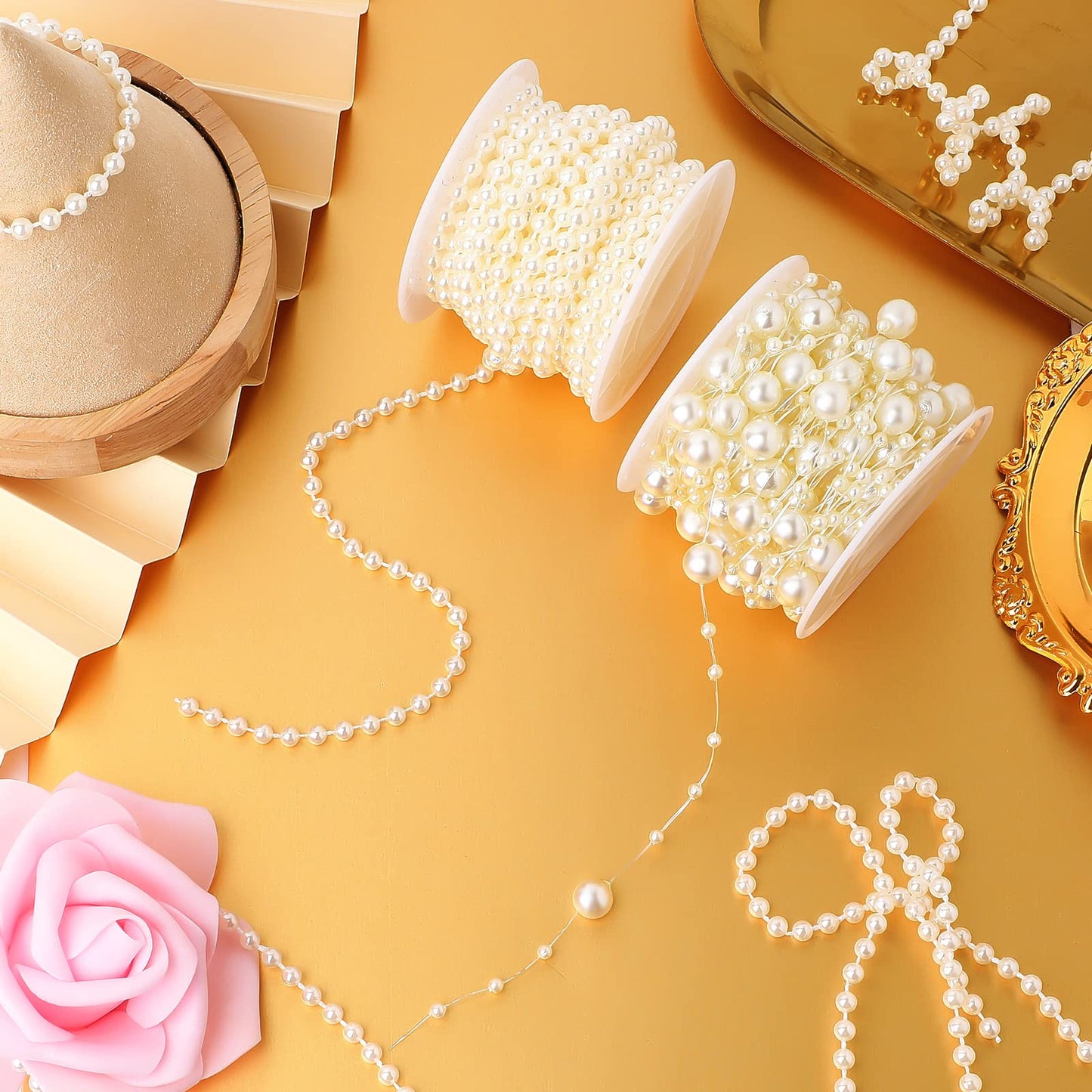 Bonuci 3 Rolls 66 Feet Pearls String Garland Faux Pearl Garland Spool Roll Strand Decoration Artificial Beads Chain Trim for Wedding Party Crafting Wedding Mother's Day Flower Decor(Ivory,4mm)