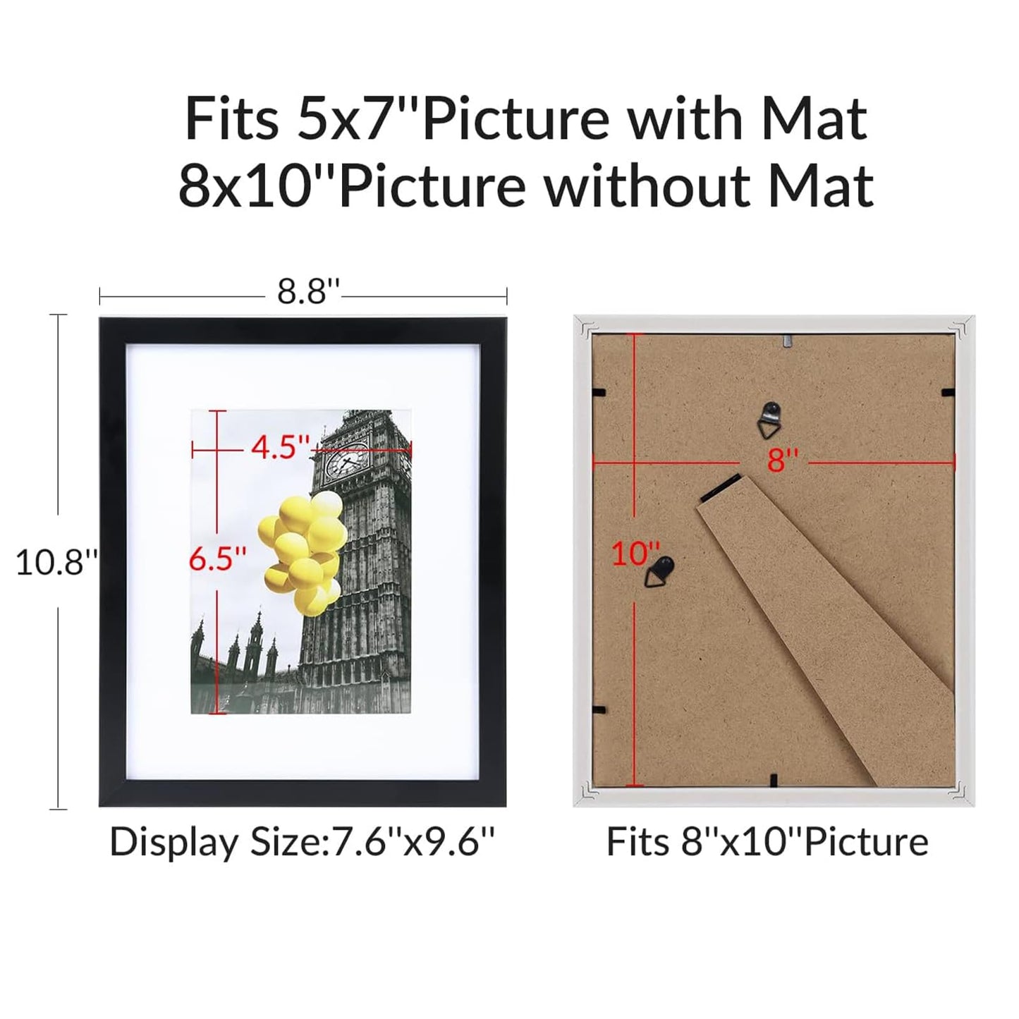 8x10 Picture Frame Set of 6, Display Pictures 5x7 with Mat or 8x10 Without Mat for Tabletop Display and Wall Mounting, Black