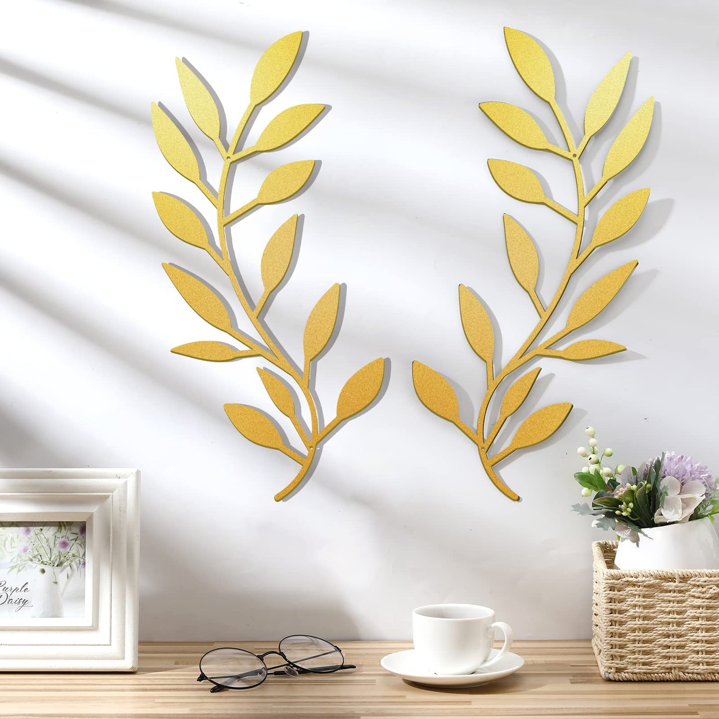 2 Pieces Metal Tree Leaf Wall Decor Vine Olive Branch Leaf Wall Art Living Room, Hallway Wall Decor Outdoor Decoration(Gold)