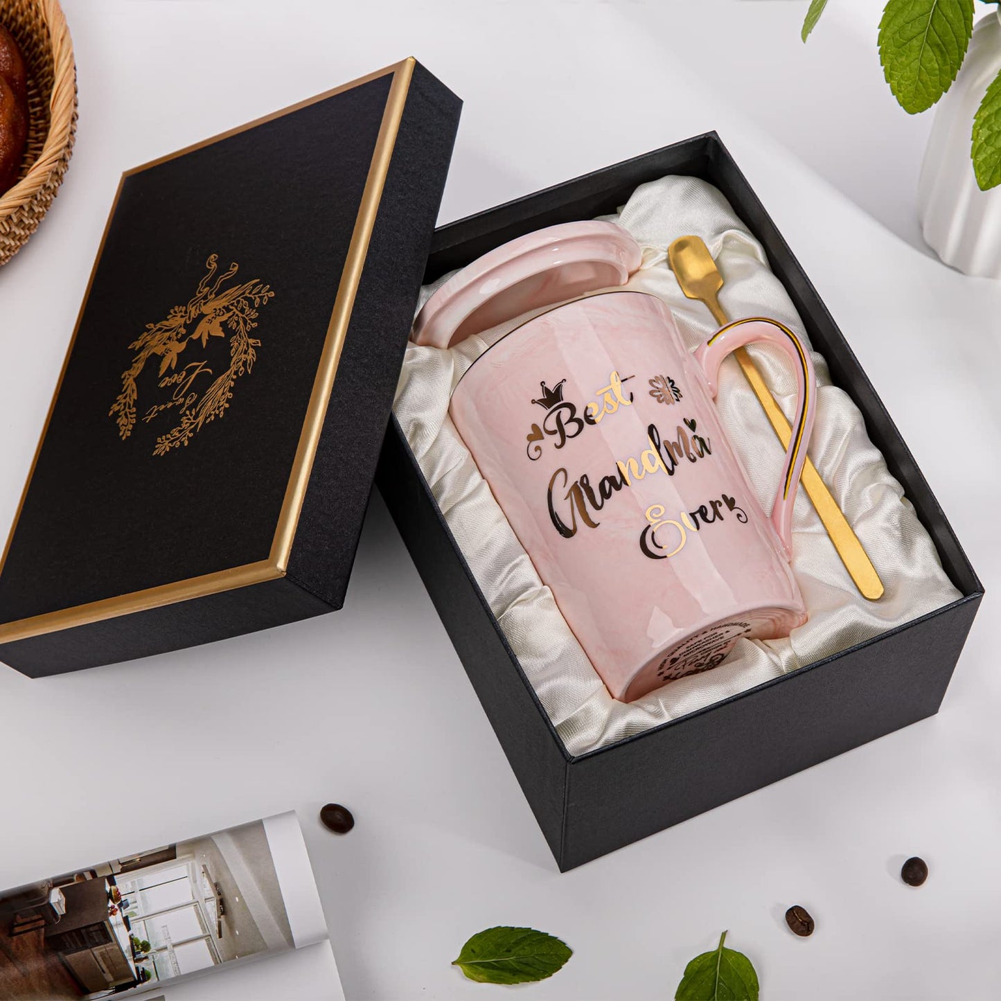Doublewhale Grandma Gifts for Grandma, Mothers Day Birthday Gift for Grandmother from Granddaughter Grandson - 14Oz Pink Marble Ceramic Coffee Mugs Print with Real Gold - Lid Spoon Card, Box