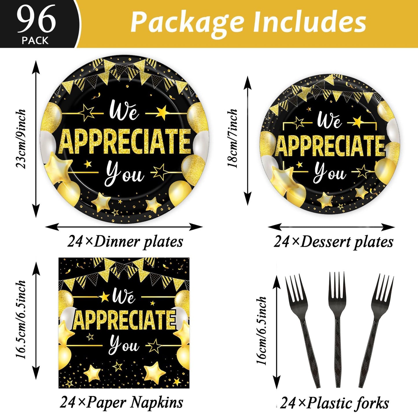 96Pcs We Appreciate You Party Plates and Napkins for Employee Staff Appreciation Black Gold Party Supplies Work Anniversary Themed Plate Thank You Tableware Set for Teacher 24 Guests Party Decorations