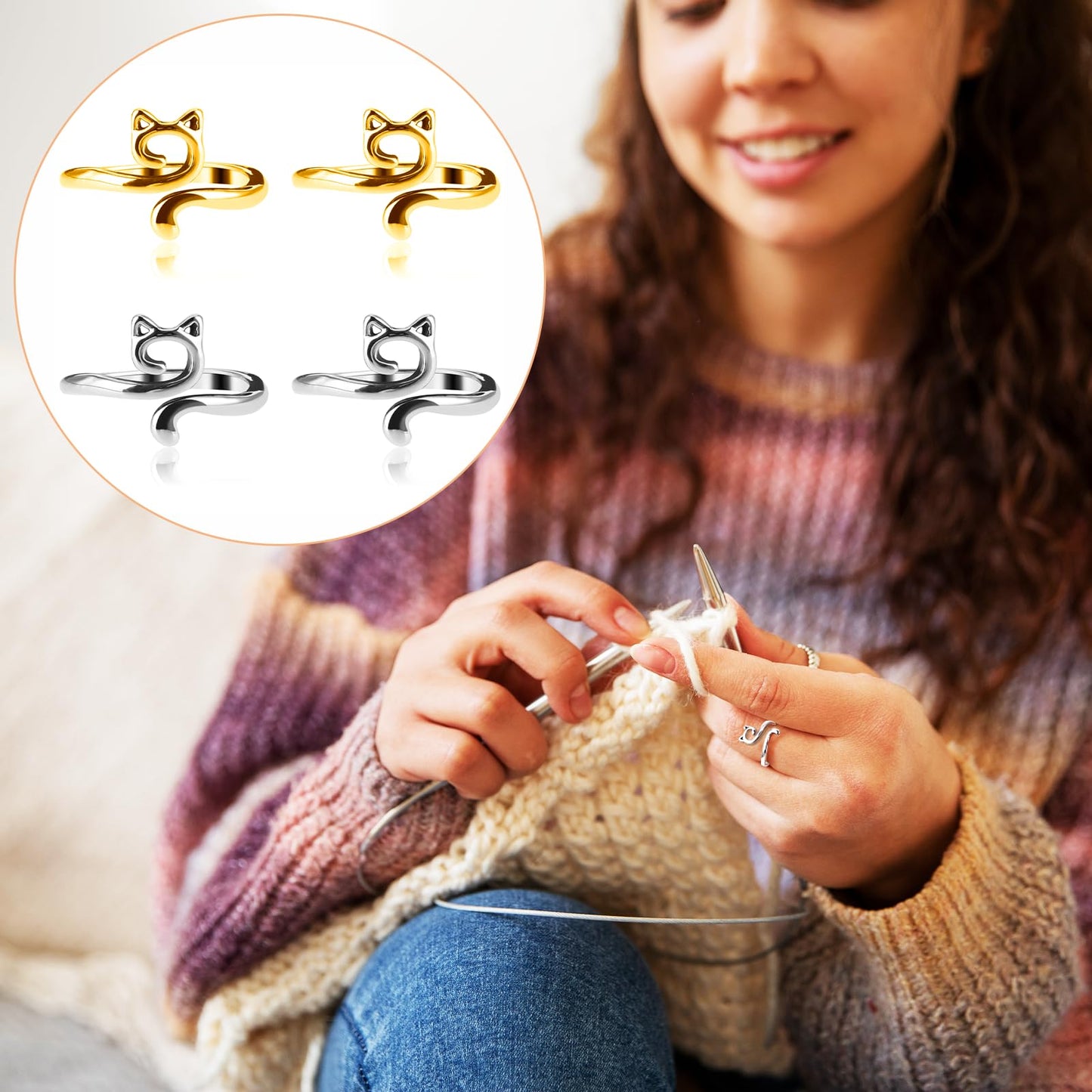 4pcs Knitting Crochet Loop Ring for Fingers Metal Open Yarn Guide Crochet Rings Adjustable Braided Faster Knitting Thimbles Holders Accessories for Crochet Mother Grandma Gifts (Gold Silver)