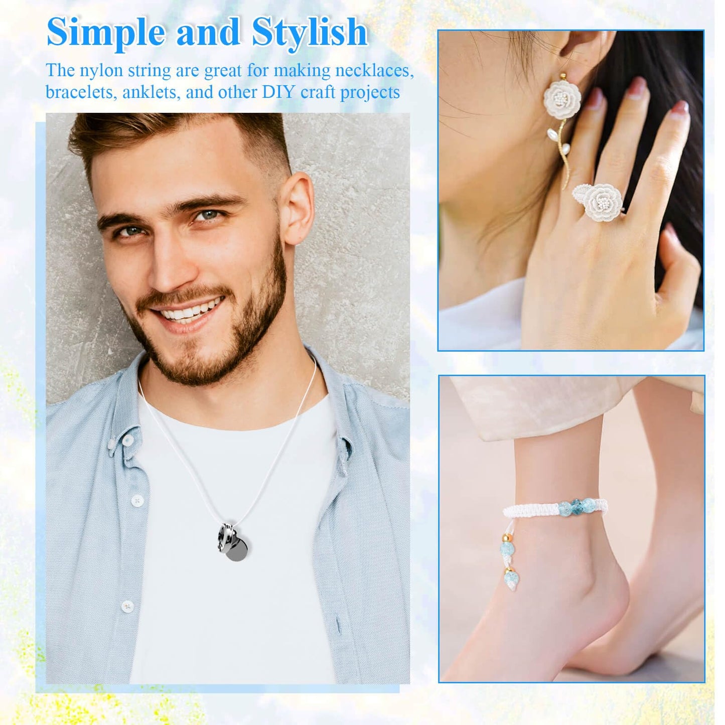 Anezus White Nylon String for Bracelets, 0.8mm Nylon Thread Braided Nylon Cord Wind Chime Outdoor Twine String for Beading, Necklaces, Blinds, DIY Craft, Jewelry Making