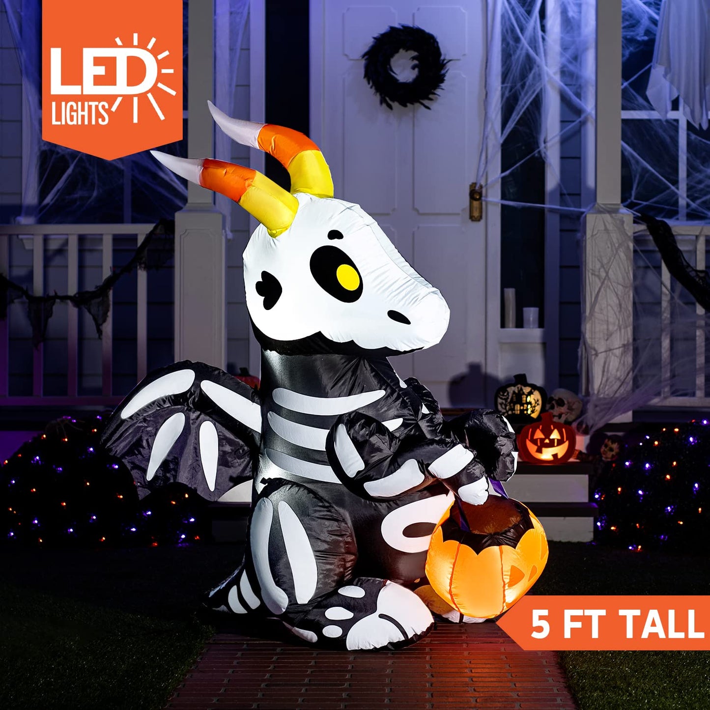 5 FT Tall Halloween Inflatables Outdoor Decorations, Blow Ups Skeleton Halloween Decor Inflatable Skeleton Dragon with Build-in LEDs for Outside Yard Decorations