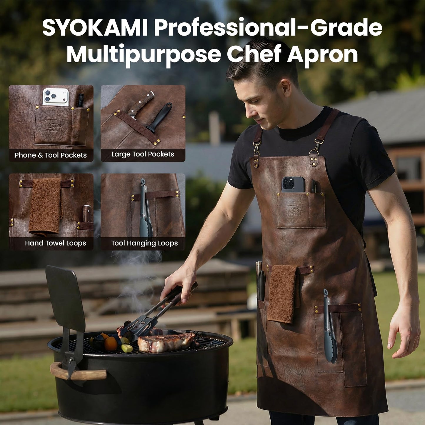 Leather Chef Cooking Apron for Men, Cross Back Apron for All-Day Comfort, Waterproof Apron with Multiple Pockets, Great for Kitchen, Baking, BBQ, Butcher Work or Crafts, Ideal Gift