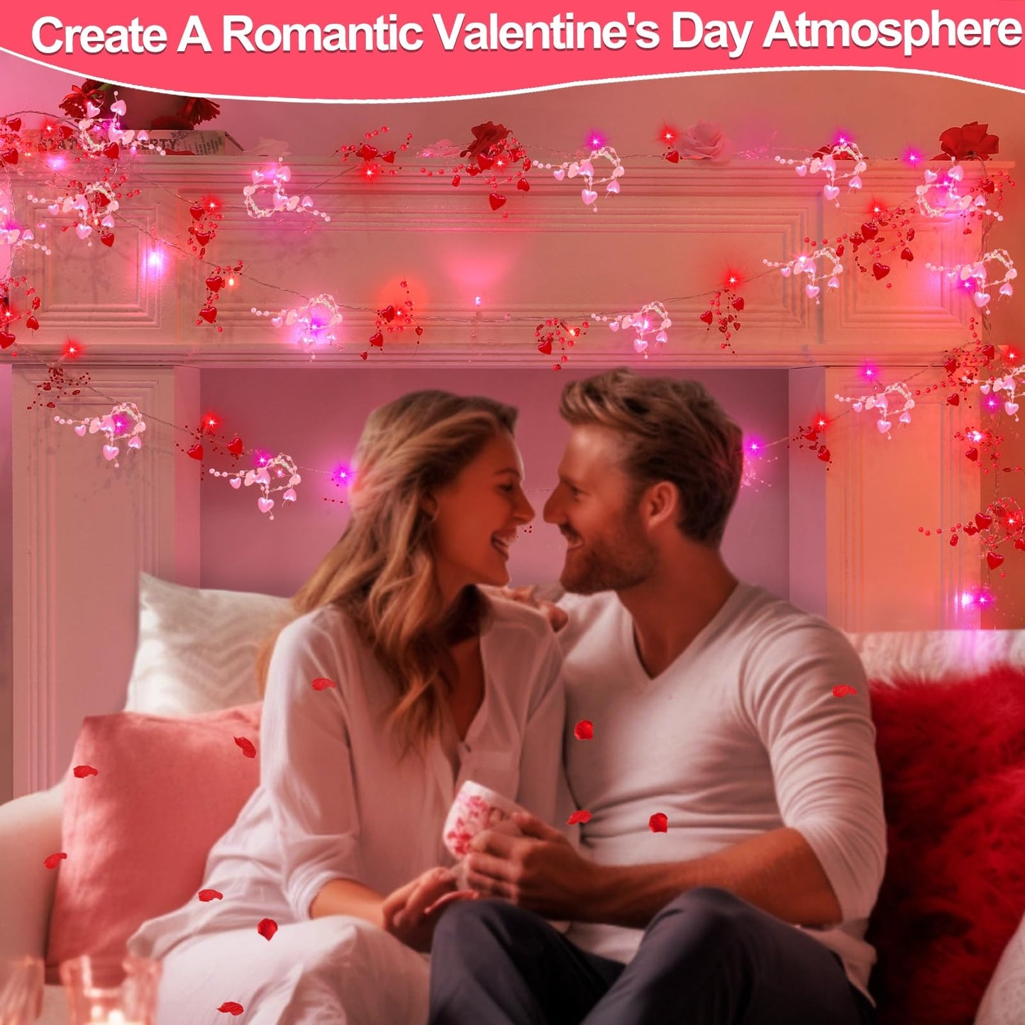 2 Pack Valentines Day Decorations Pink & Red Hearts Lights, Valentine Day Garland with Light Total 13Ft 40LED Beads Hearts String Light Battery Operated Valentines Day Lights for Home Bedroom