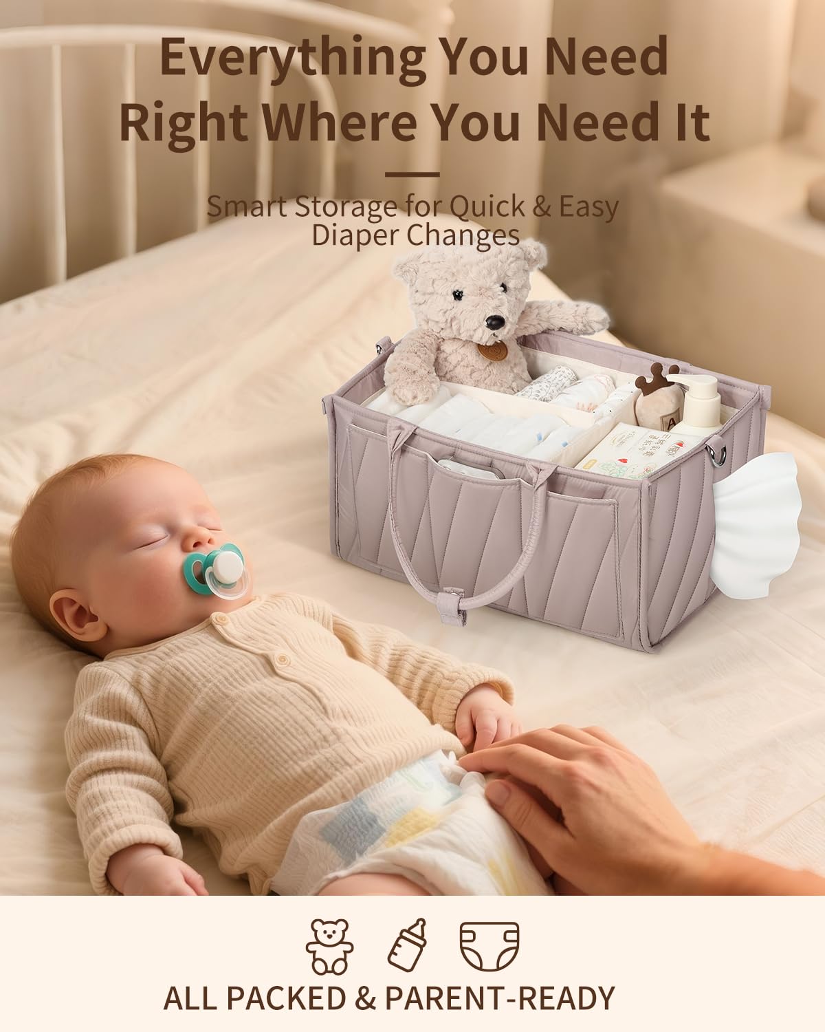 VKSAO Diaper Caddy Organizer – Portable Storage Basket with Shoulder Strap & Stroller Hooks, Splashproof Quilted Nursery & Car Tote, Gender Neutral Gift for Baby Shower, Smoky Gray