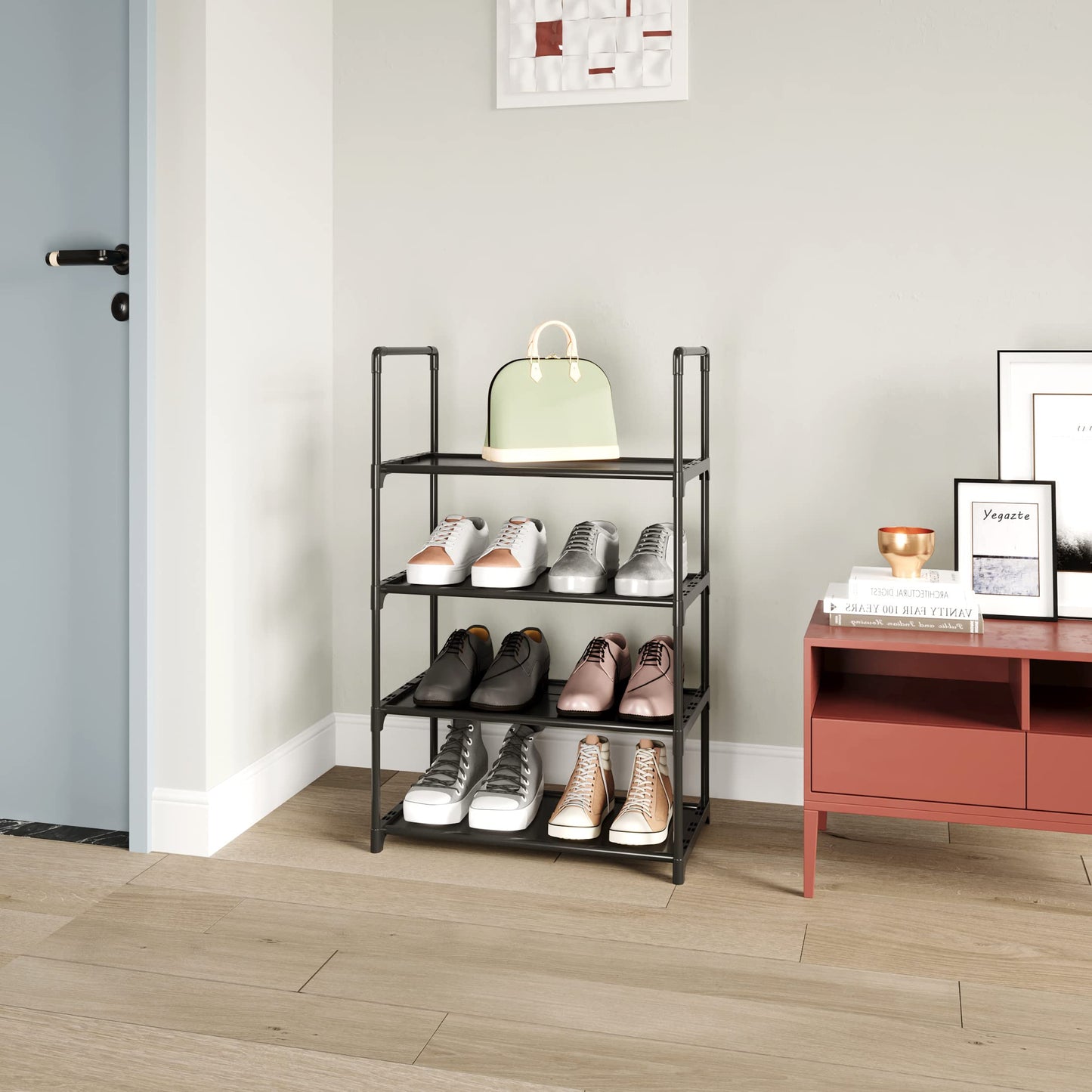 Upgrade Stackable Small Shoe Rack, 4-Tier Shoe Shelf Storage Organizer with Handle for Entryway, Hallway and Closet (Black)