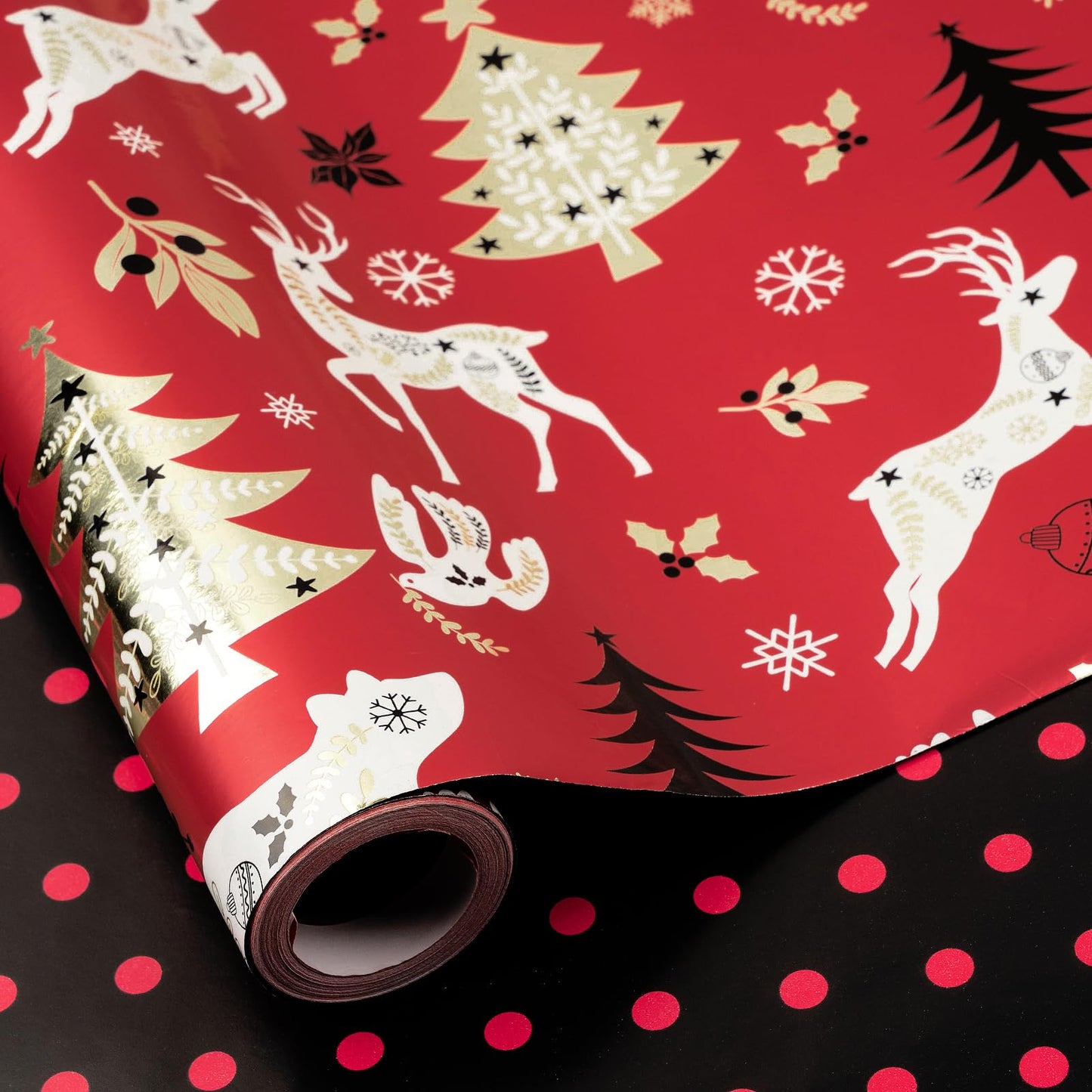 Christmas Reversible Wrapping Paper Roll, Mini Roll, Red Black Reindeer and Tree Design, Black with Red Polka Dots Gift Wrap Paper for Adults, Kids and Holiday Gifts, 17 Inches x 32.8 Feet