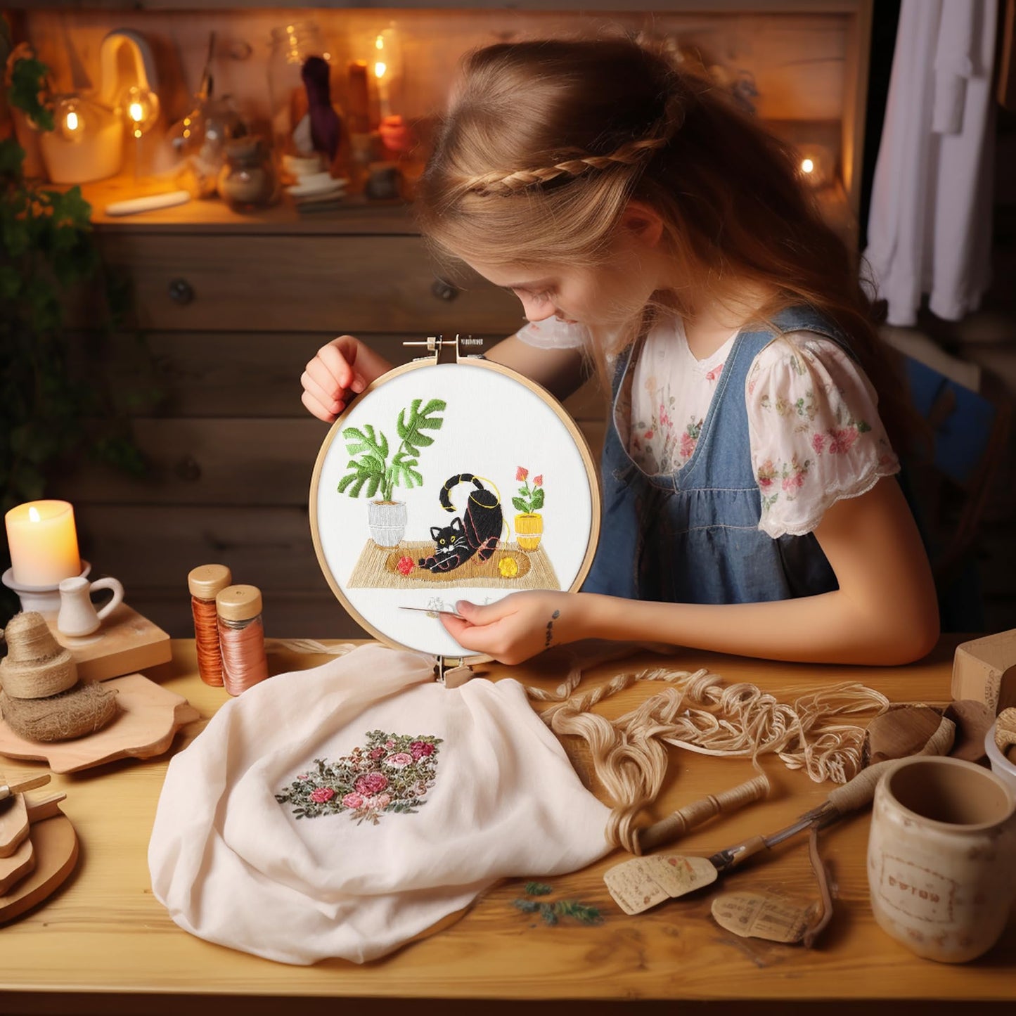 4 Sets Embroidery Set for Beginners, Art Craft, Easy Sewing, Includes Embroidery Clothing, Pattern, Embroidery Hoop, Instruction Manual, Colorful Thread Stitch Set (Cat)