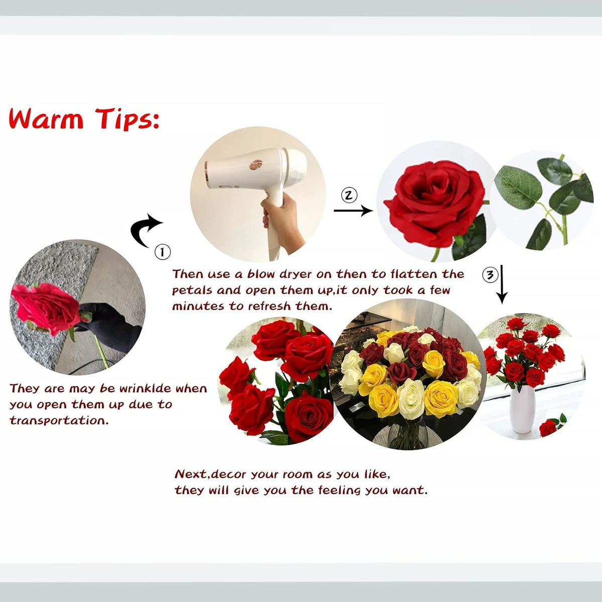 FLORRALIA Red Fake Roses Artificial Flowers - 10 Pcs Fake Artificial Roses Silk Flowers with Stems for Home Wedding Hotel Office Centerpiece Decor
