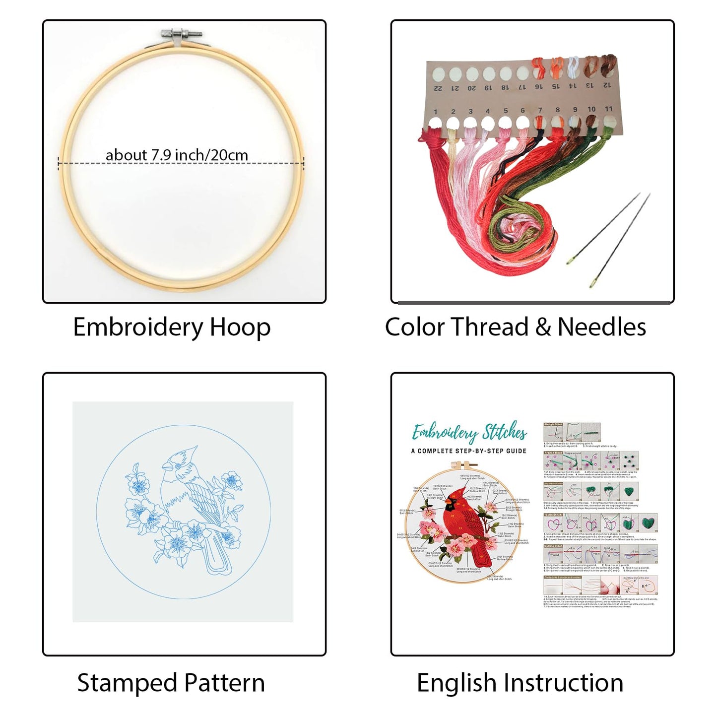 Louise Maelys Cardinal Embroidery Kits for Beginners with Bird Flower Pattern,Adults Starter Cross Stitch Kit DIY Needlepoint