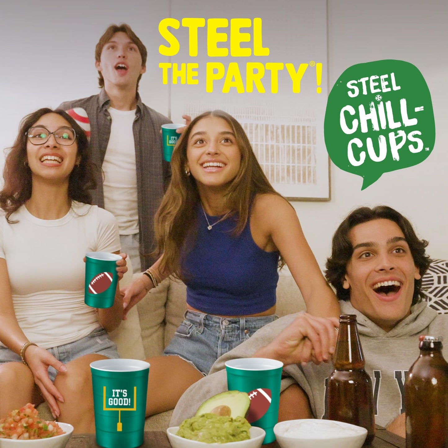 Steel Chill Cups 16 oz. Party Cup Football 'It's Good' Goal Post Design for Cold Drinks, Durable, Disposable, Recyclable, Made in USA, Green 12 Count