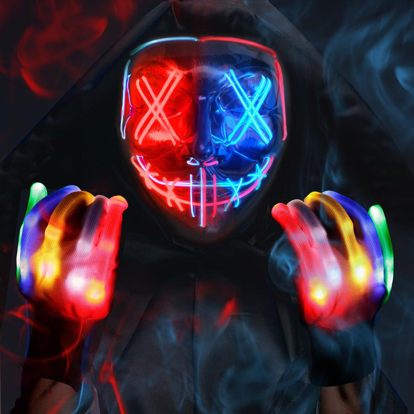 Halloween Mask Glowing Gloves for Halloween Costume Cosplay Led Light Up Scary Masks with 3 Lighting Modes Cosplay Lighted Face Masks for Halloween Parties Masquerade Party (Red & Blue)