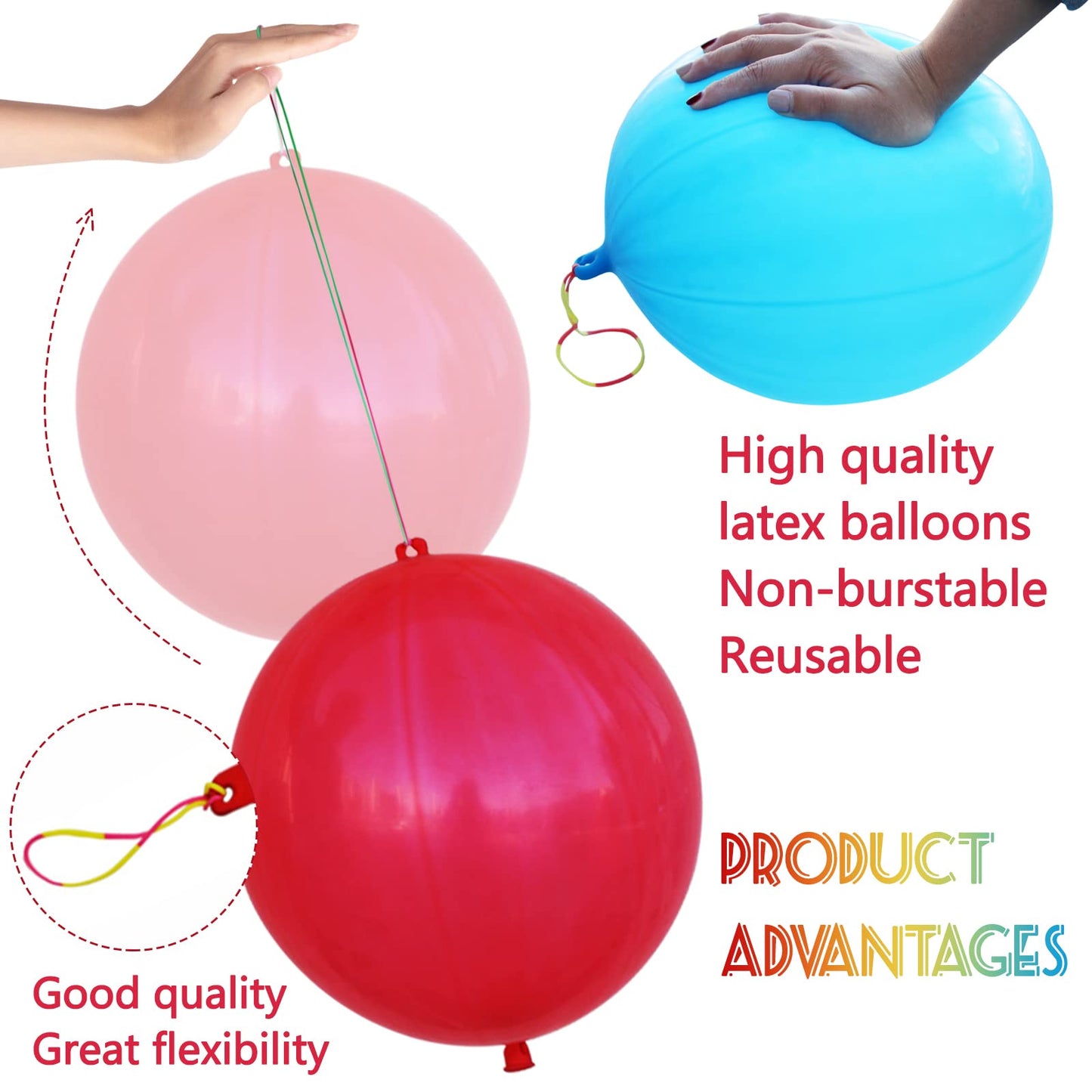 LEEZZIZZ 30Pcs Punch Balloons, Thickened Neon Punching Balloon Heavy Duty with Rubber Band Handle Birthday Party Favors for Kids Weddings Goodie Bag Supply