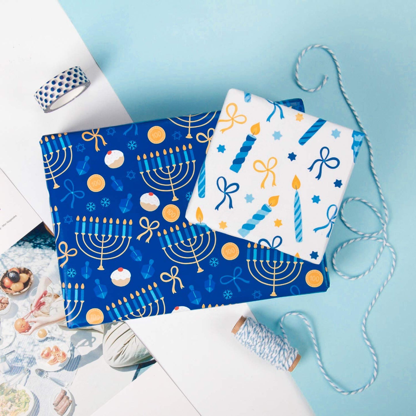 Reversible Hanukkah Wrapping Paper - Mini Roll - 17 Inch x 33 Feet - Blue Gold White Menorahs and Stripe Chanukah Wrapping Paper Perfect for Hanukkah, Chanukah, Holiday