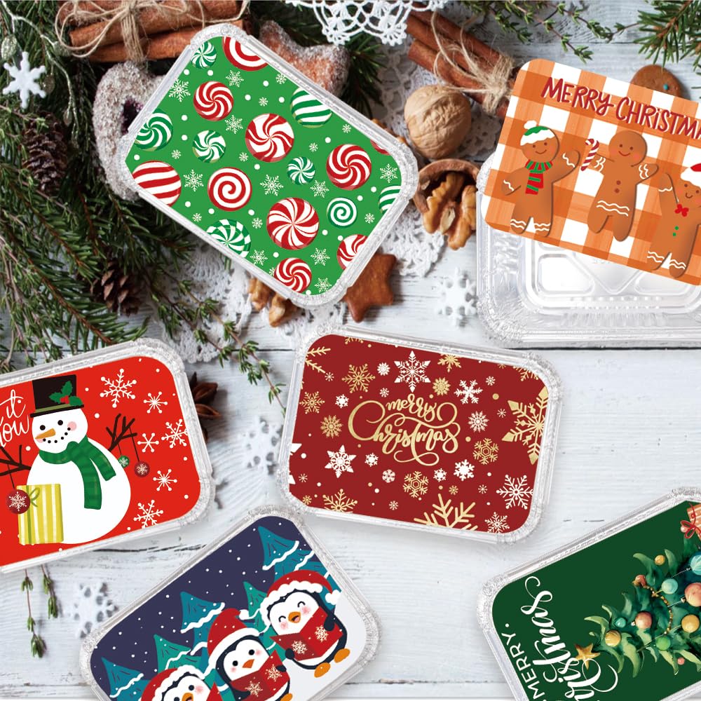 36PCS Christmas Foil storage Containers 9 Styles Merry Christmas Disposable Leftover Food Containers with Lids Aluminum Cookie Tin Pans for Winter Holiday Gift Giving Party Supplies(Style B)