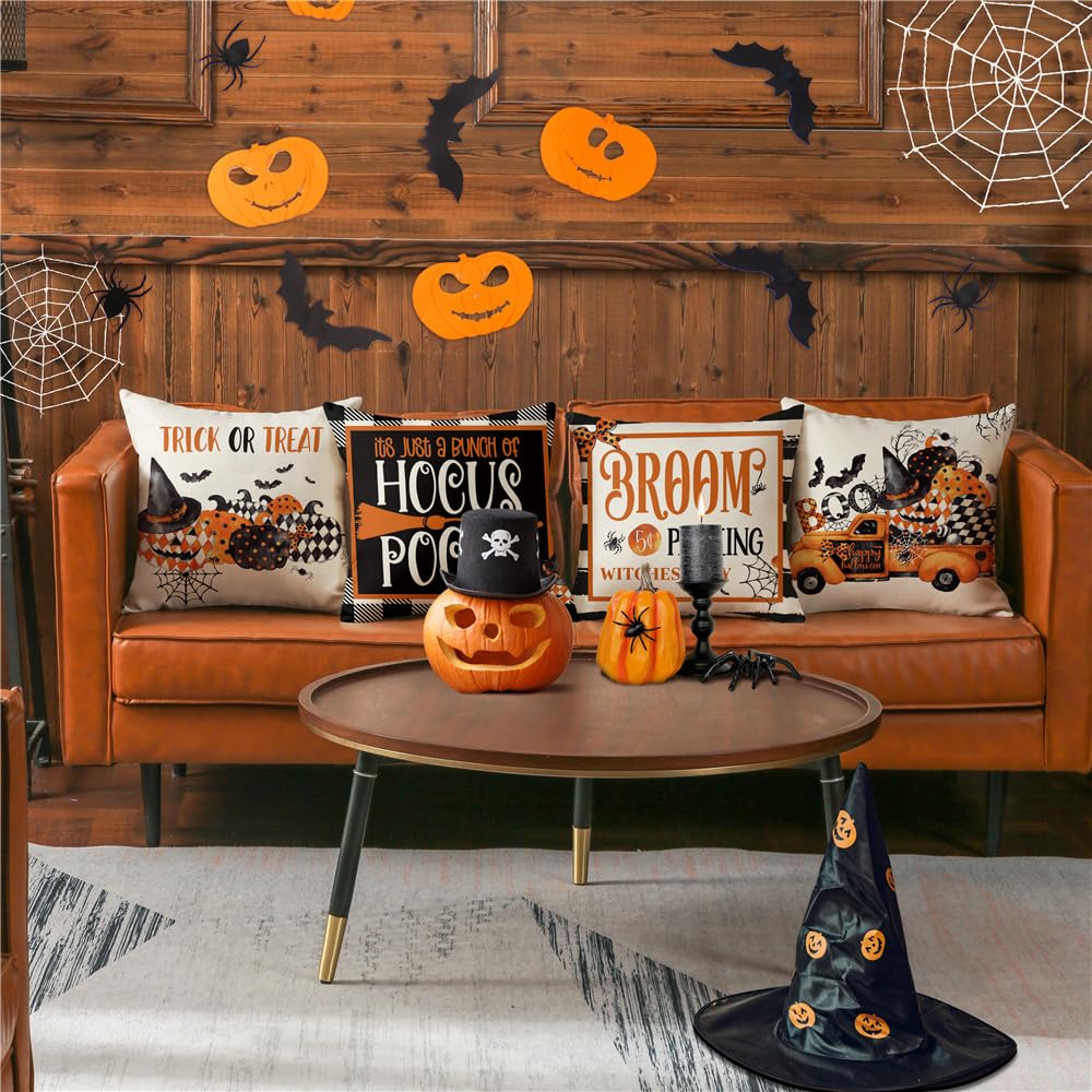 MODOVOS Halloween Decorations Pillow Covers 18x18 Set of 4 Halloween Decor Hocus Pocus Throw Pillow Covers Indoor Outdoor Fall Pumpkin Pillow Covers Decorative Cushion Cases for Home Sofa Couch