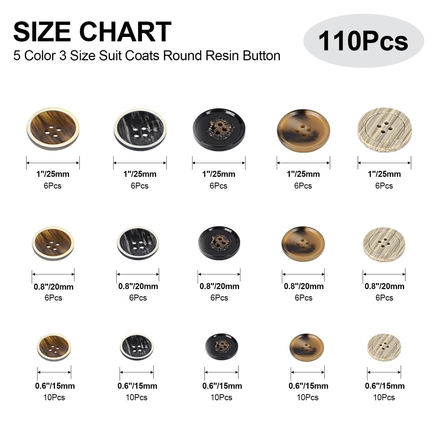 110Pcs Mixed Sewing Buttons, 4-Hole Craft Round Blazer Buttons, 5 Color 3 Size (15mm, 20mm, 25mm) Suit Coats Resin Button, Suitable for Variety Clothing Sewing, DIY Craft (Style D)