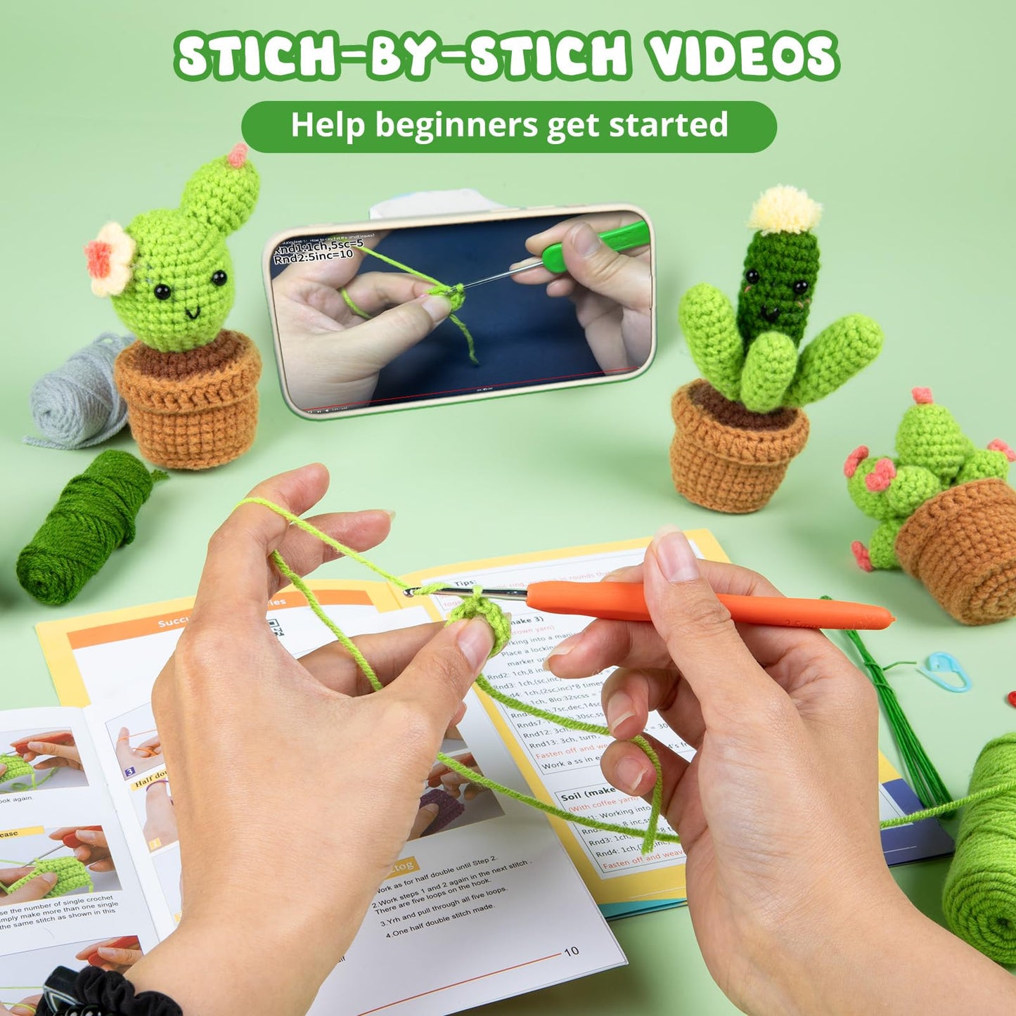 Crochet Kit for Beginners - Complete Crochet Kits with Stitch by Stitch Video Tutorial, Beginner Crochet Kit for Adults Kids Gift - Starter Easy Learn to Crochet Succulent Plants Family