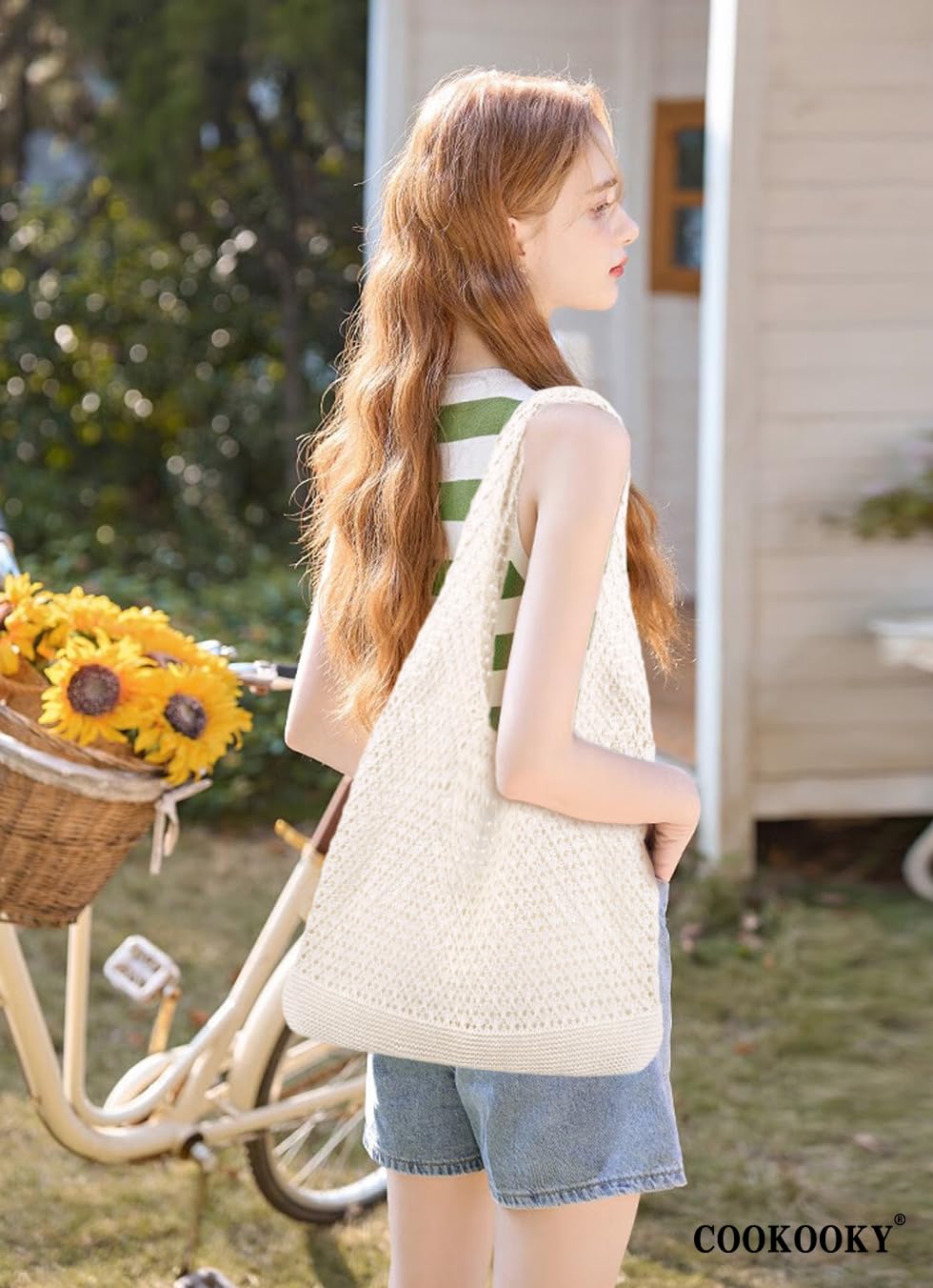 COOKOOKY Beach Tote bag Crochet Summer Beach Bag for Women Aesthetic Mesh Tote Bag Hippie Bag Knit Bag (B-Beige, Medium)