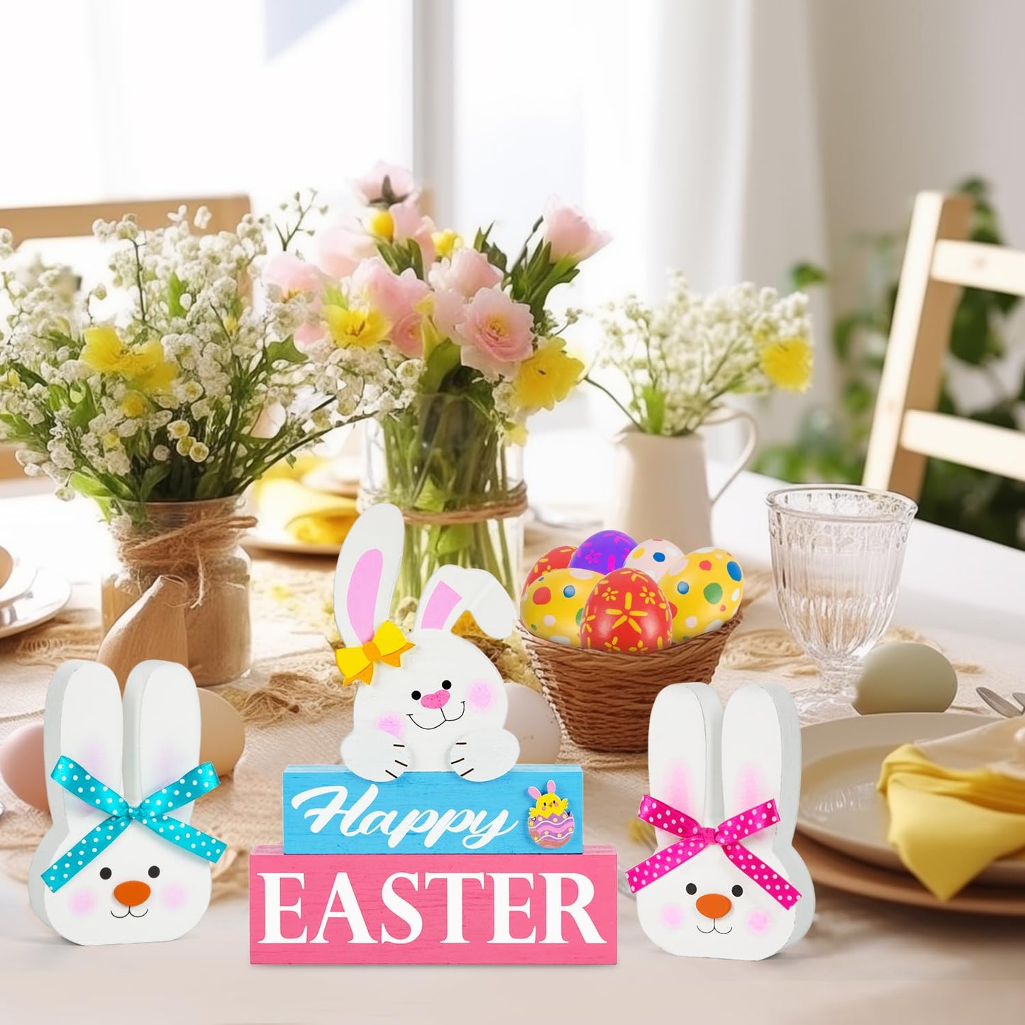 5 Pcs Easter Decorations for the Home Happy Easter Bunny Wooden Block Table Sign with 2 Wooden Easter Bunny Table Decor Set Rustic Spring Table Easter Decorations for Easter Holiday Tabletop Party