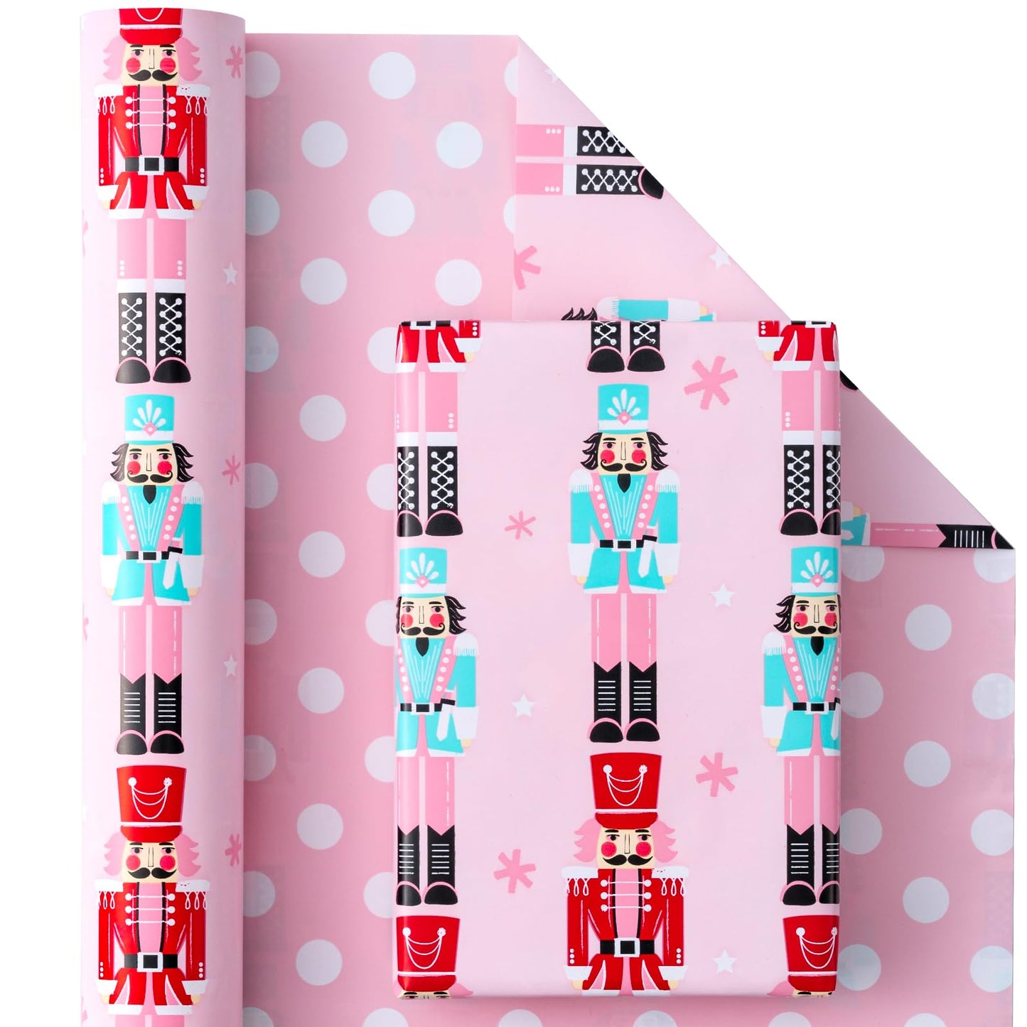 Reversible Christmas Wrapping Paper - Mini Roll - 17 Inch x 33 Feet - Pink Nutcracker Wrapping Paper and Polke Dot Design for Christmas, Holiday, Party Celebration