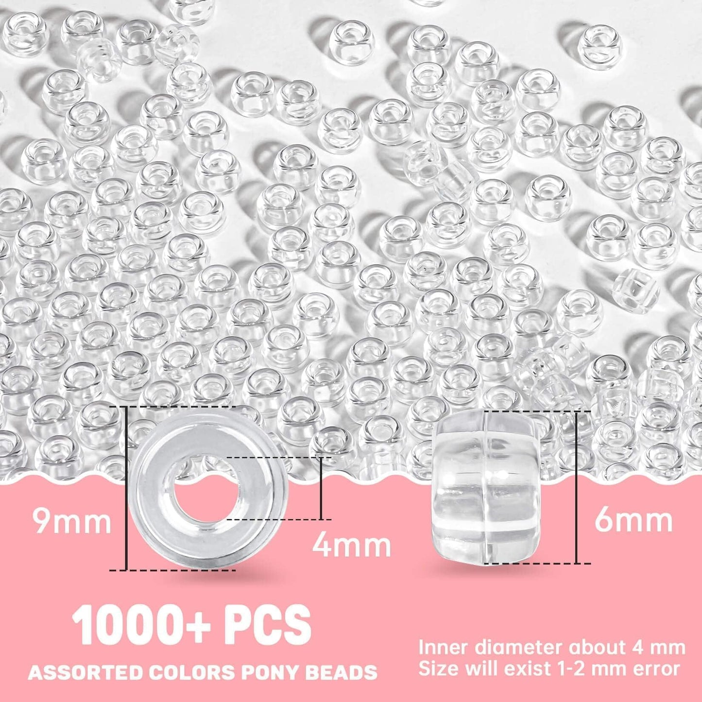 1000+ Pcs Pony Beads Bulk - Sukh 6x9 mm Plastic Bracelet Crystal White Clear Beads for Bracelets Making, Hair Braids, DIY Crafts, Key Chai Making, Home Decor