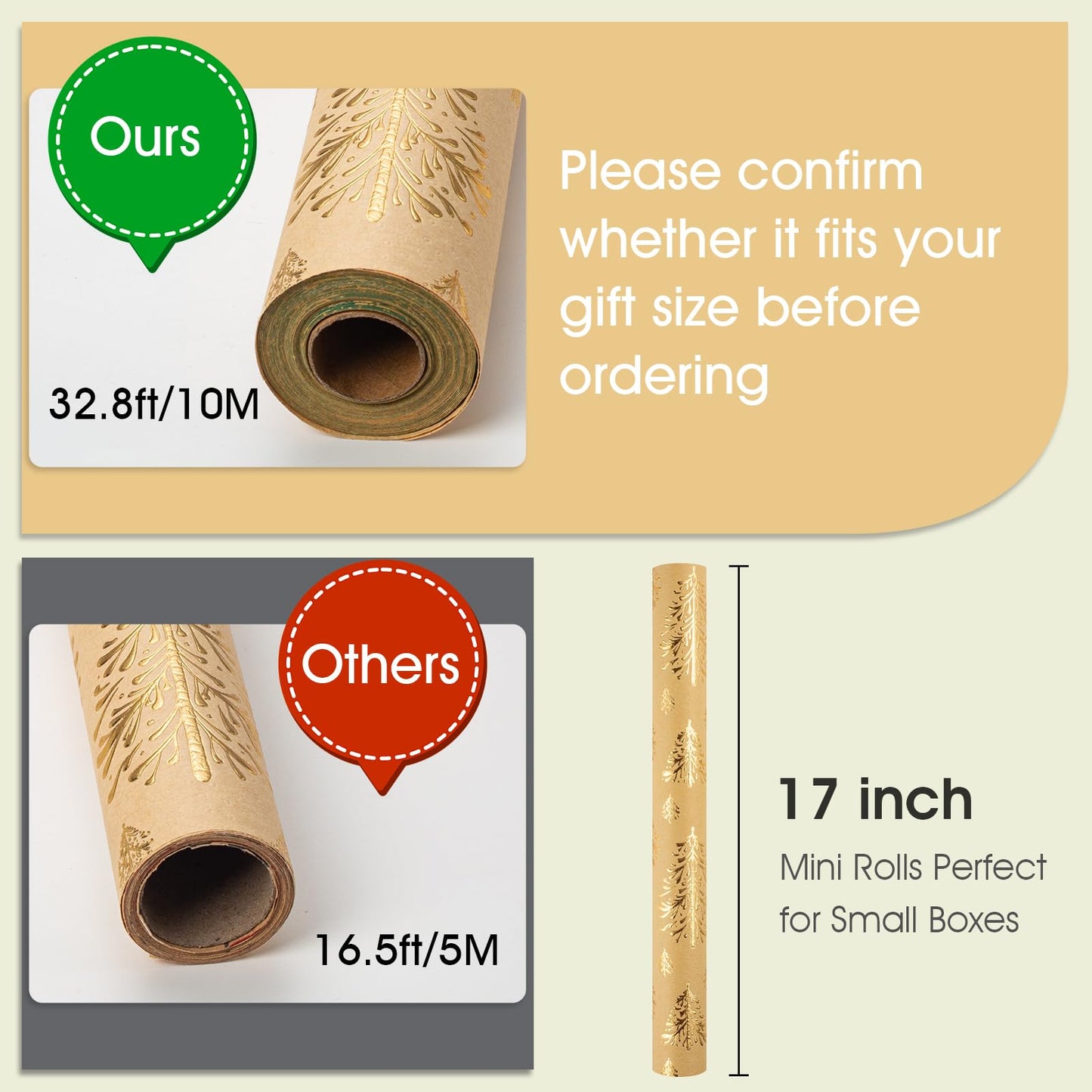 Kraft Christmas Wrapping Paper,Gold Lusury 3D Embossed Foil Christmas Trees Wrap Paper for Holiday, Party,Celebration, New Year (17 Inch X 32.8 Feet)