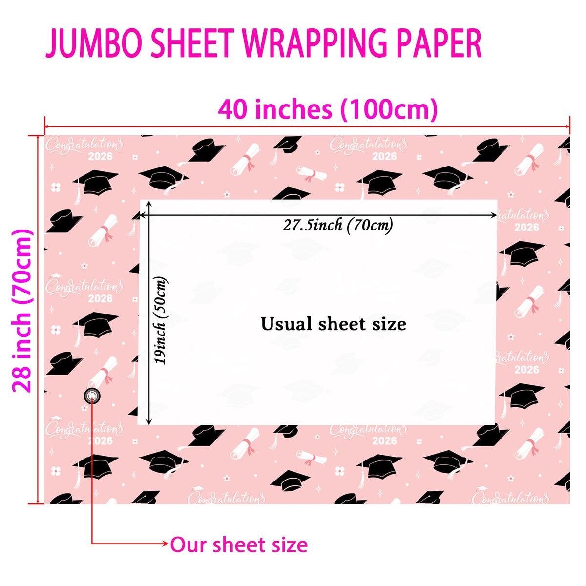 Cuitpan 2026 Graduation Wrapping Paper - 4 Jumbo Sheets,28x40 Inches, Pink Cap & White Diploma Design, Gift Wrap for Graduates, Graduation Parties, Seniors, School Events