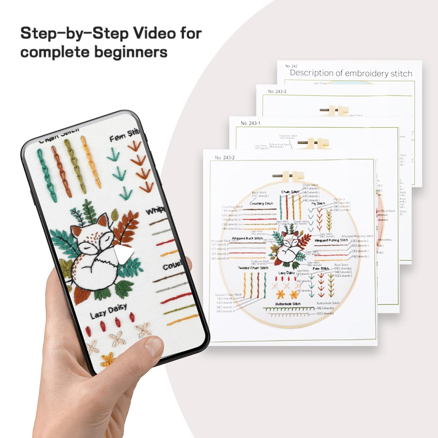 Beginner Embroidery Kit for Adults, 3 Pack Cross Stitch Kits with Pre-Printed Patterns, Threads, Needles, Learn Stitches with 7.8" Hoop, Video Tutorial, DIY Needlework Craft Gift for Women