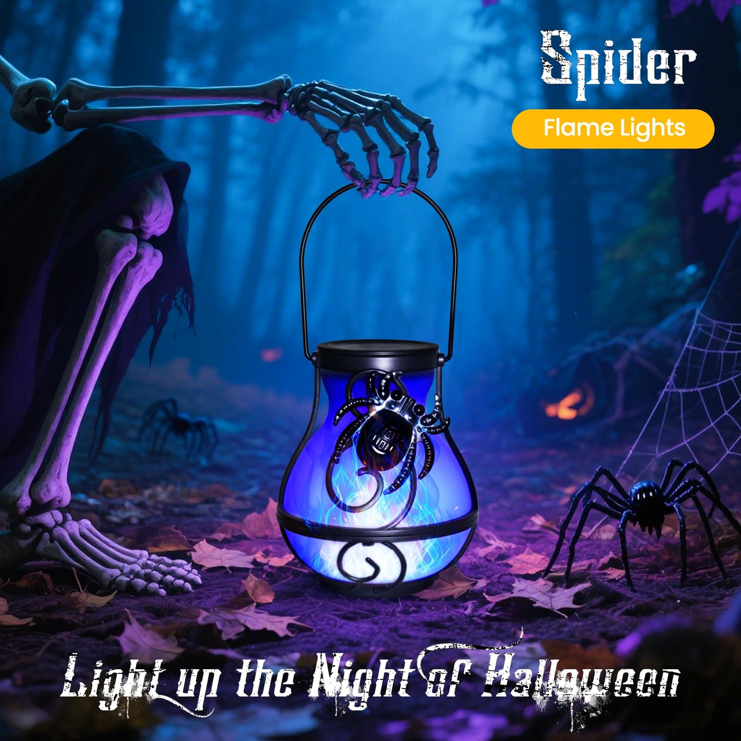 2 Pack Halloween Lights Outdoor Spider Hanging Solar Lantern Flickering Flame Lights Garden Patio Porch Halloween Party Decoration