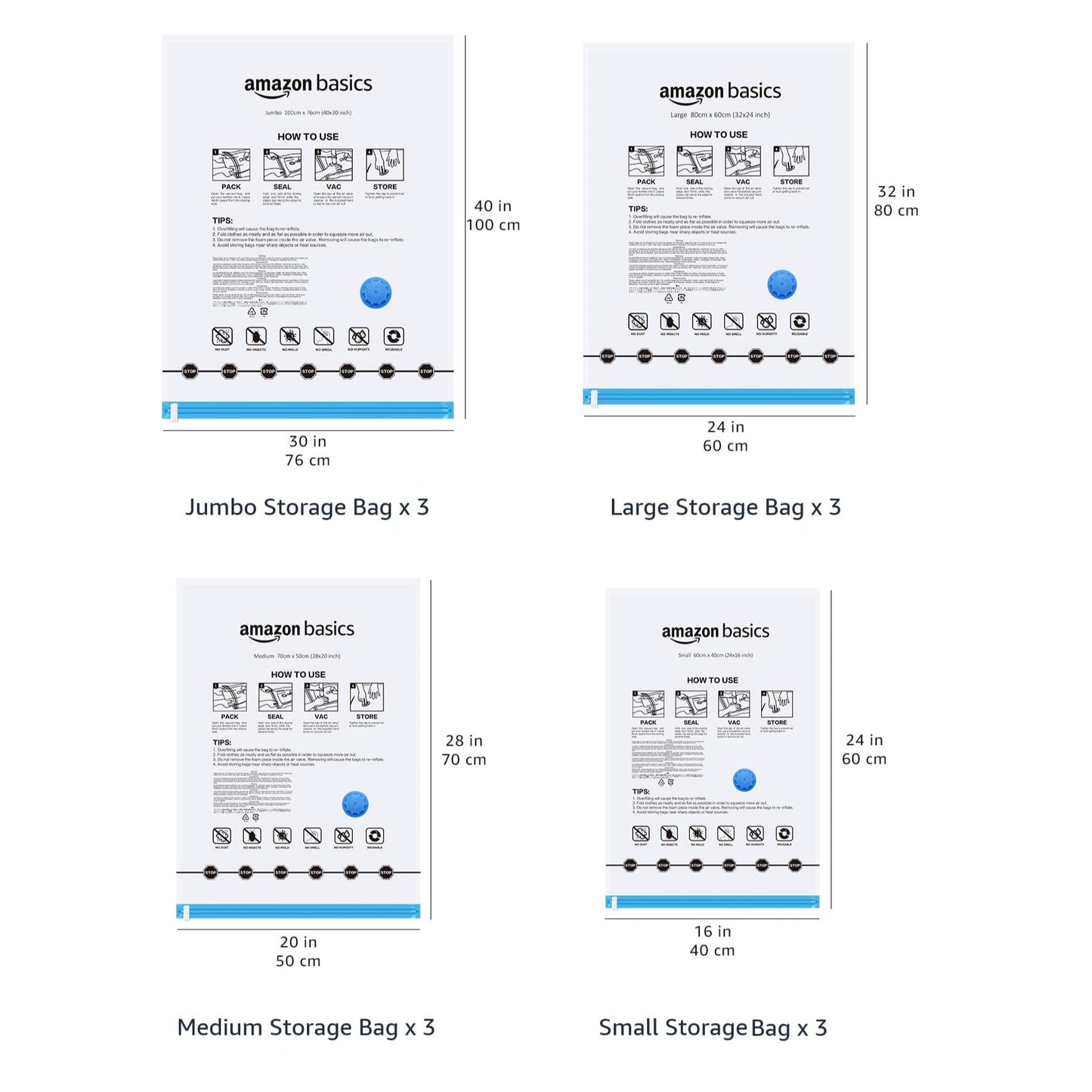 Amazon Basics Vacuum Compression Storage Bags with Hand Pump, Multiple Pack of 12 (3 Jumbo, 3 Large, 3 Medium, 3 Small)