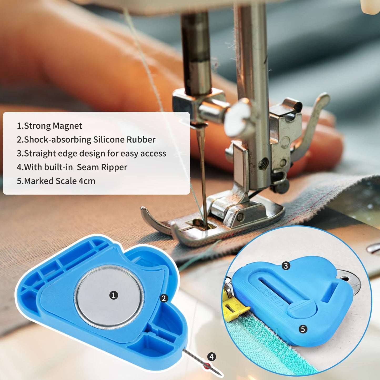 Magnetic Seam Guide for Sewing Machine with Seam Ripper Thread Remover Tool Multifucntional Magnetic Sewing Guide Hemmer with Scale Universal Sewing Supplies and Accessories (Blue)