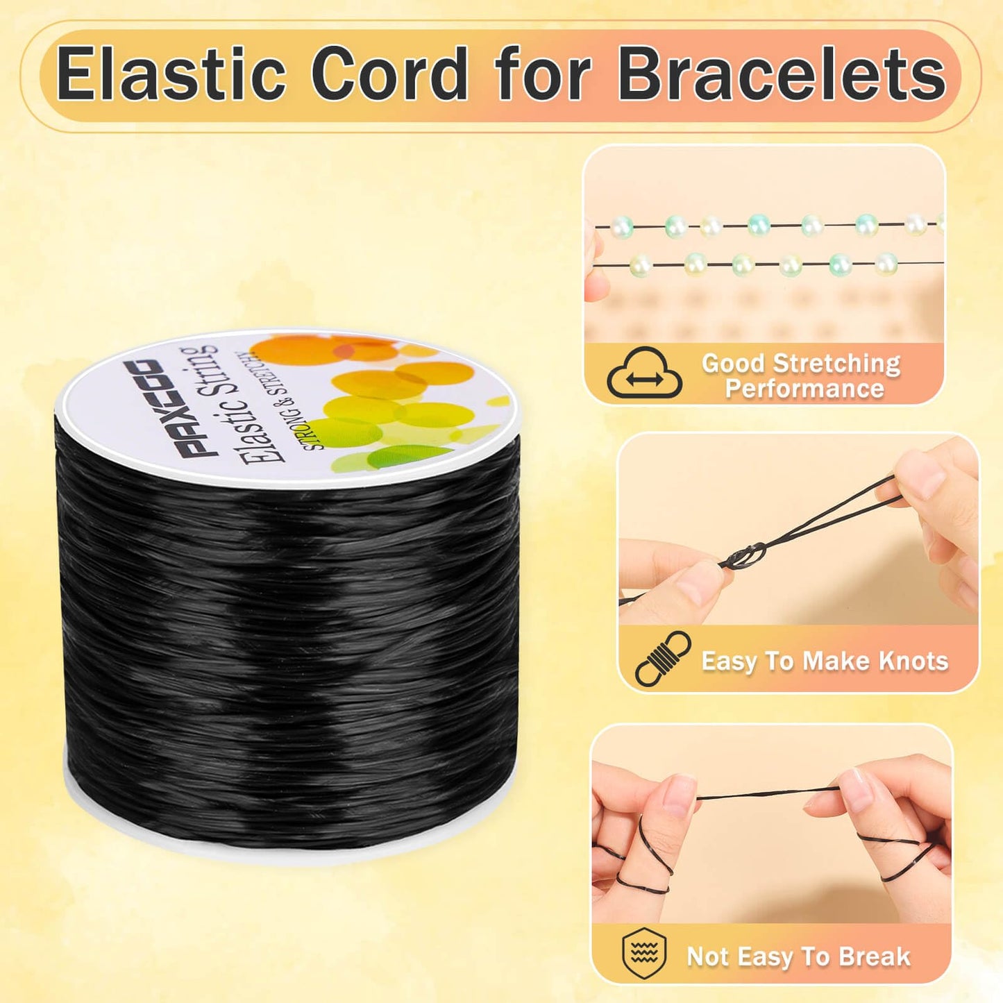 PAXCOO 1.4 MM Elastic String for Bracelets, Stretch Magic Elastic String Bead Cord Jewelry Thread for Friendship Bracelet, Necklaces, Clay Beads, Pony Beads (Black)