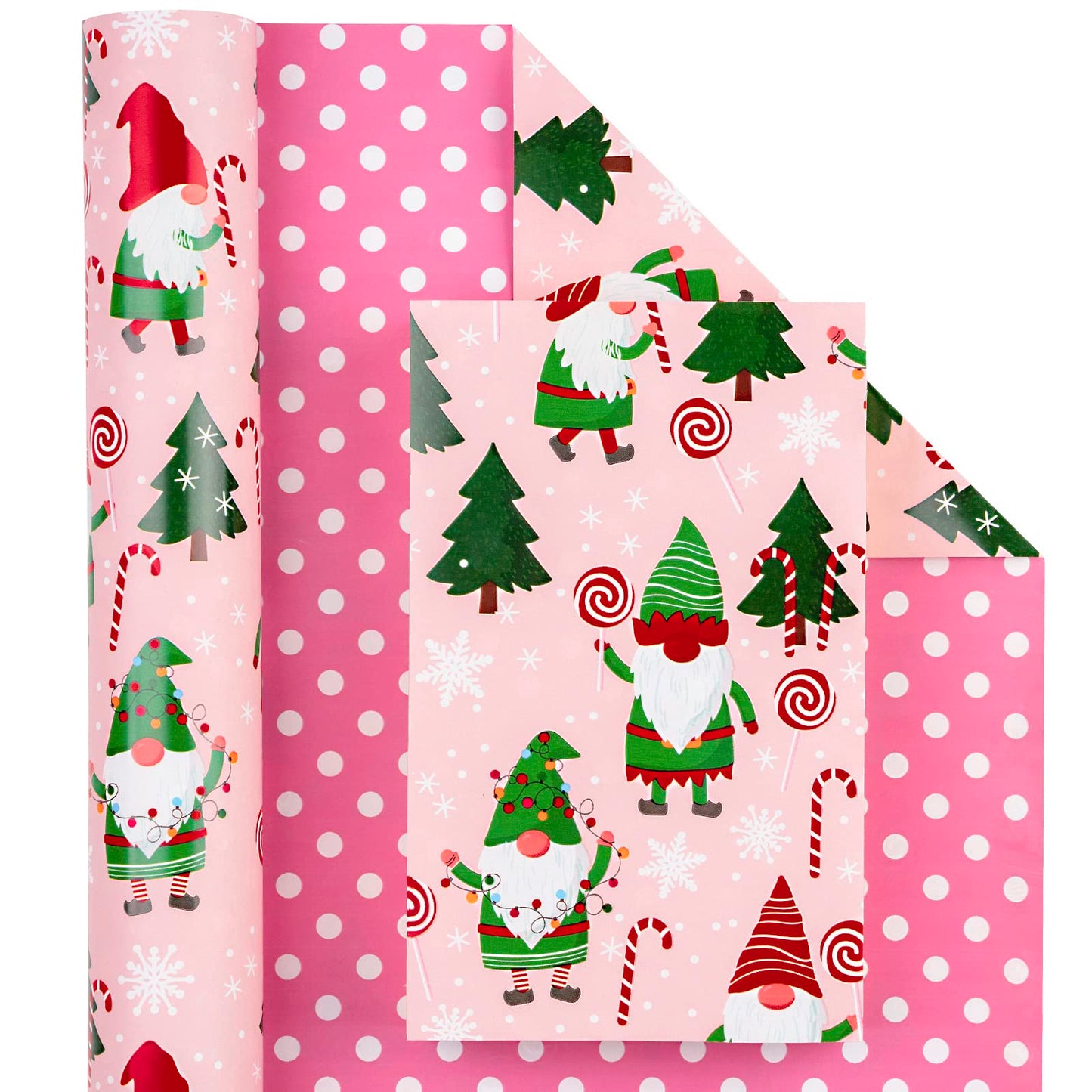 Reversible Gnome Christmas Wrapping Paper - Mini Roll - 17 Inch x 33 Feet - RRed Green Gnome Wrapping Paper and Pink White Polka Dots for Christmas, Holiday, Party