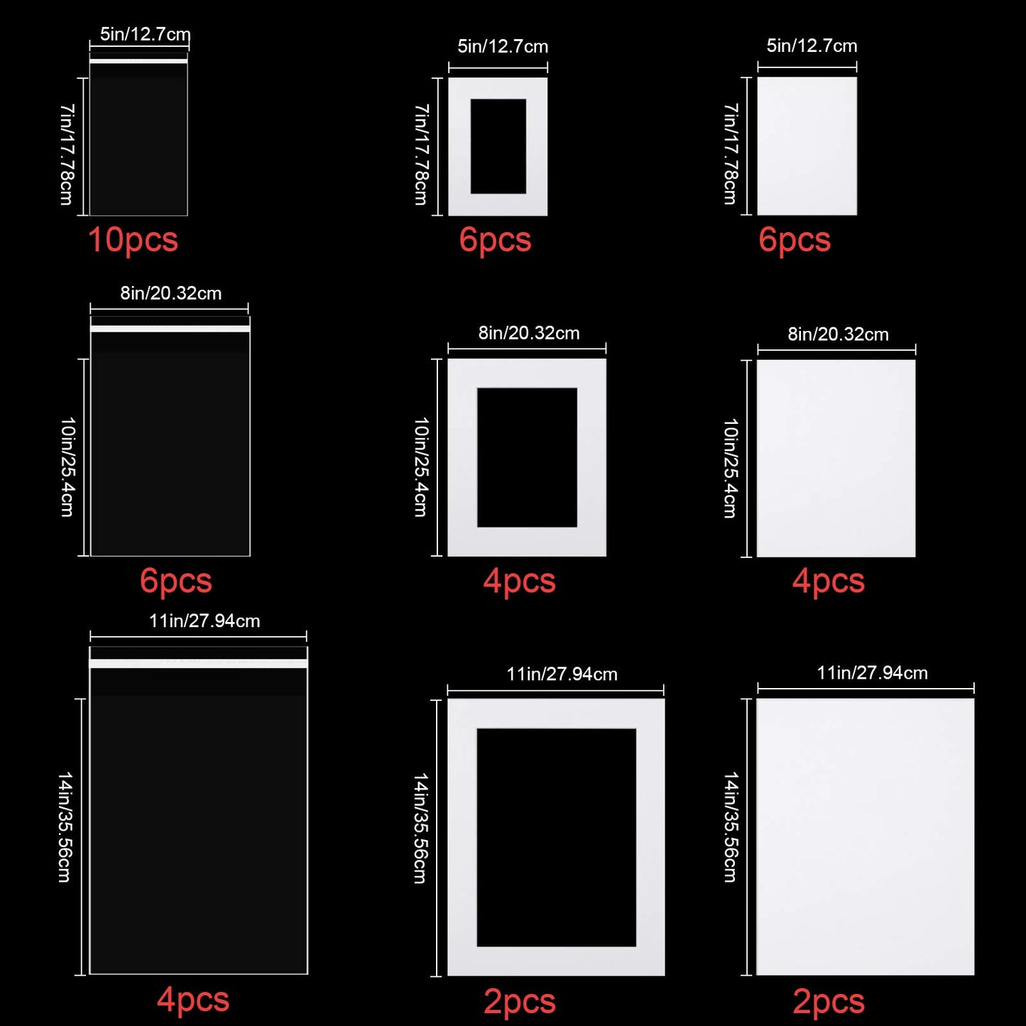 12 Sets White Picture Mat Set, 5" x 7", 8" x 10", 11" x 14" Photo Frame Mattes with White Core Bevel Cutting Mat Board and 20 Transparent Bags for Packaging Photo Picture Artwork