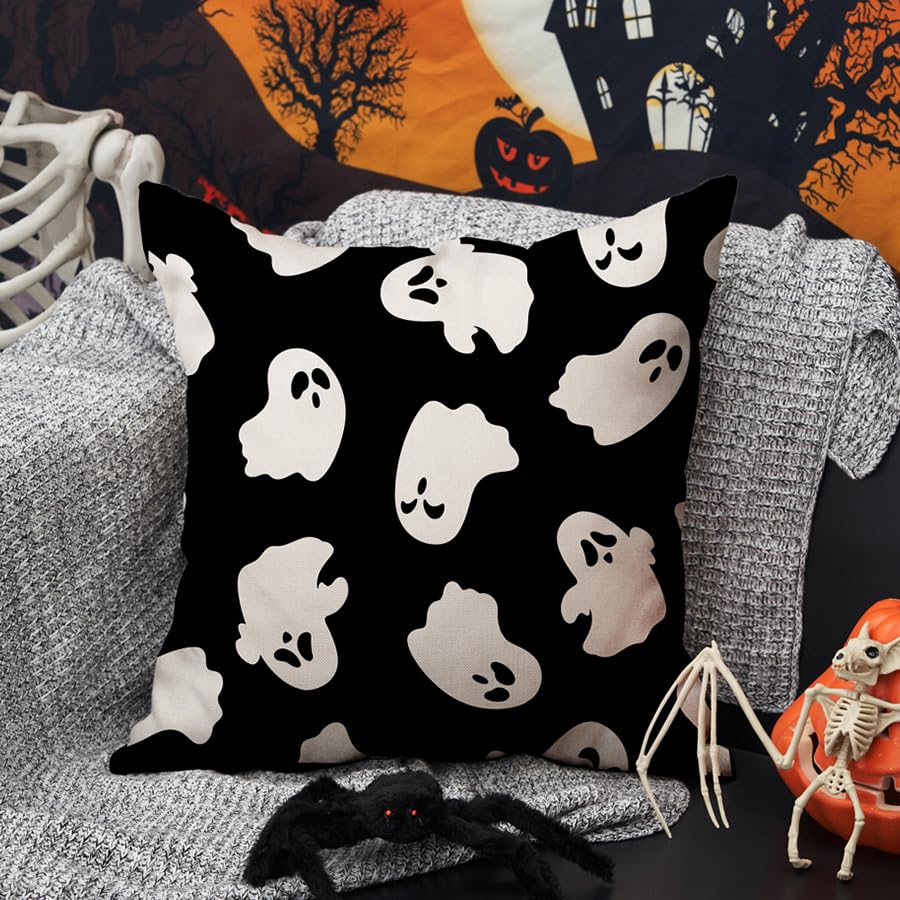 DFXSZ Halloween Pillow Covers 18x18 inch Set of 2 Happy Halloween White Ghost Decor Black Pillow Covers Happy Halloween Sofa Bed Outdoor Car Decoration TH-14A18