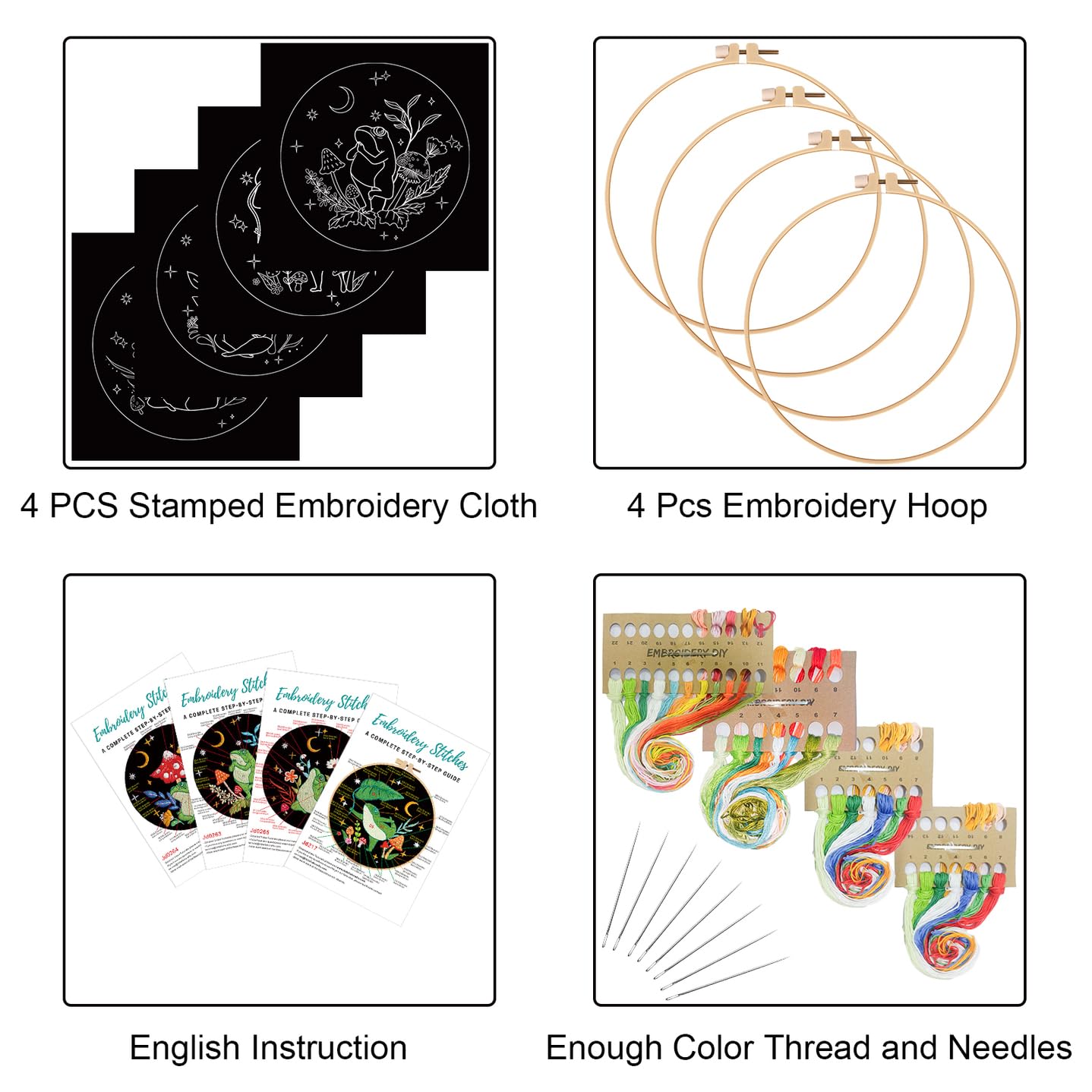4 Set Frog Embroidery Kits for Beginners,Cross Stitch Kit for Adults,Starters DIY Needlepoint Including Embroidery Cloth with Art Mushroom Pattern and Instructions