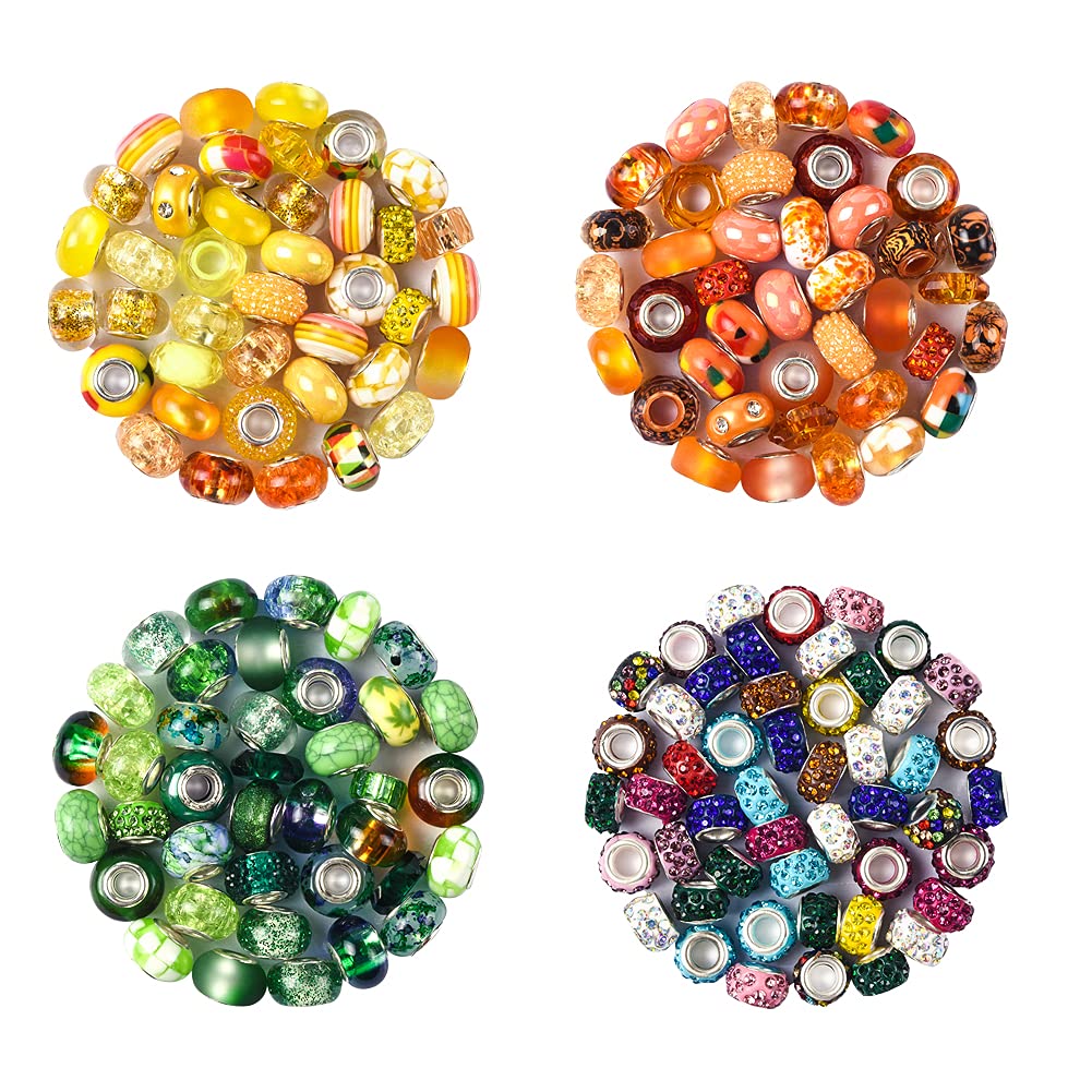 Aipridy Assortment European Large Hole Beads Spacer Beads Rhinestone Craft Beads for DIY Charms Bracelet Jewelry Making (Green-Orange-Lemon)