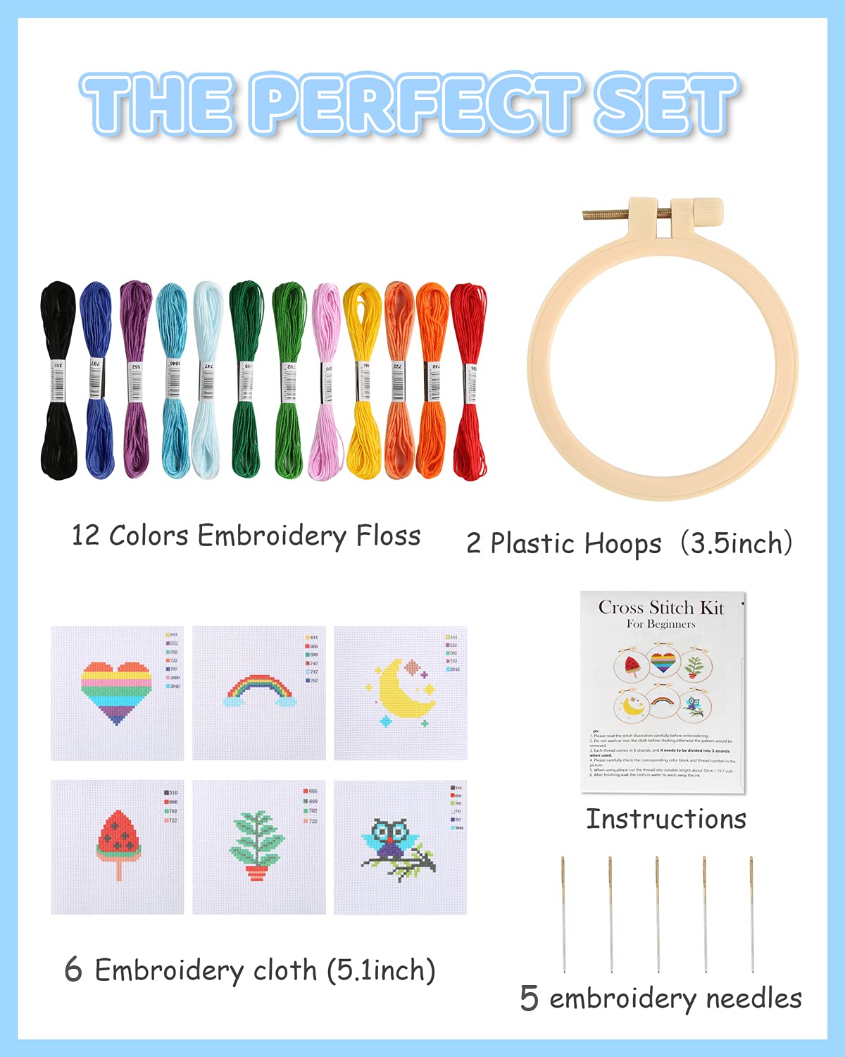 Pllieay Cross Stitch Beginner Kit for Kids 7-13, Includes 6pcs Project Cross Stitch Pattern and 2pcs Hoops, 12 Skeins, Needle Point Starter Kit Sewing Set with Instructions for Christmas Gift