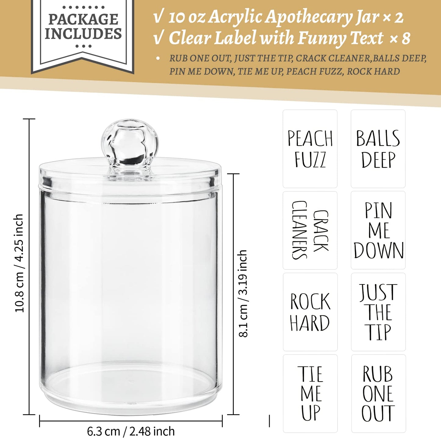 4 Pack Qtip Holder Dispenser with Lids and Labels - 10 oz Acrylic Apothecary Jars Plastic Bathroom Vanity Canister Organizer for Cotton Balls, Pads, Swabs, Floss (Clear)