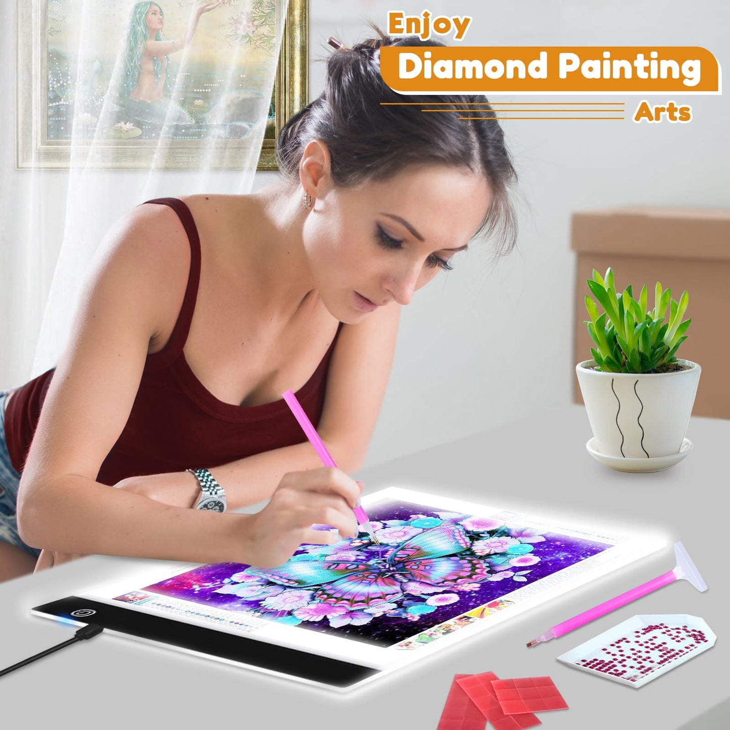 Guiseapue A4 Light Board for Diamond Painting, Light Table Tracing Light Box Ultra-Thin Light Pad for Drawing, Tattoo, Weeding Vinyl, Sketching, Gifts for Her, Kids, Him