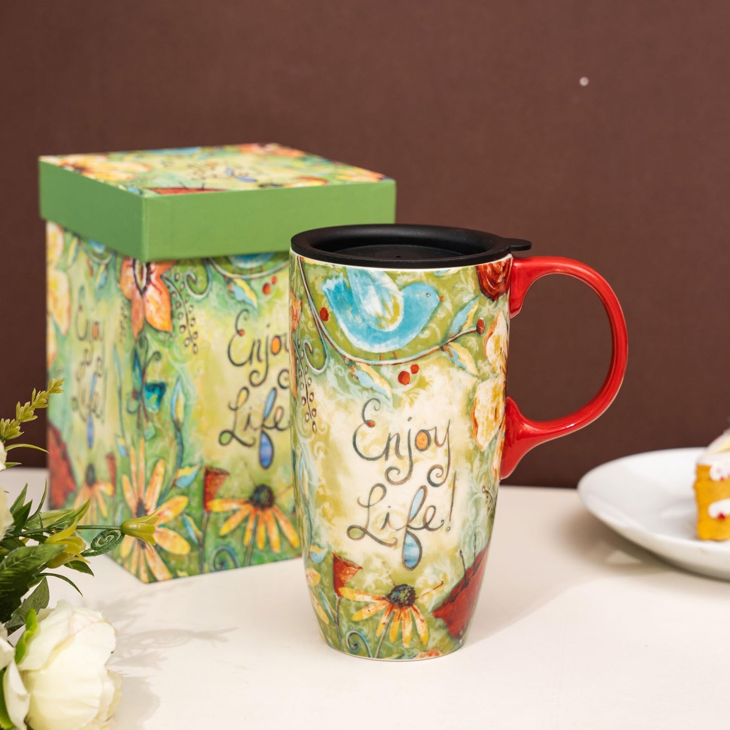 Coffee Ceramic Mug Porcelain Latte Tea Cup With Lid 17oz. Enjoy Life