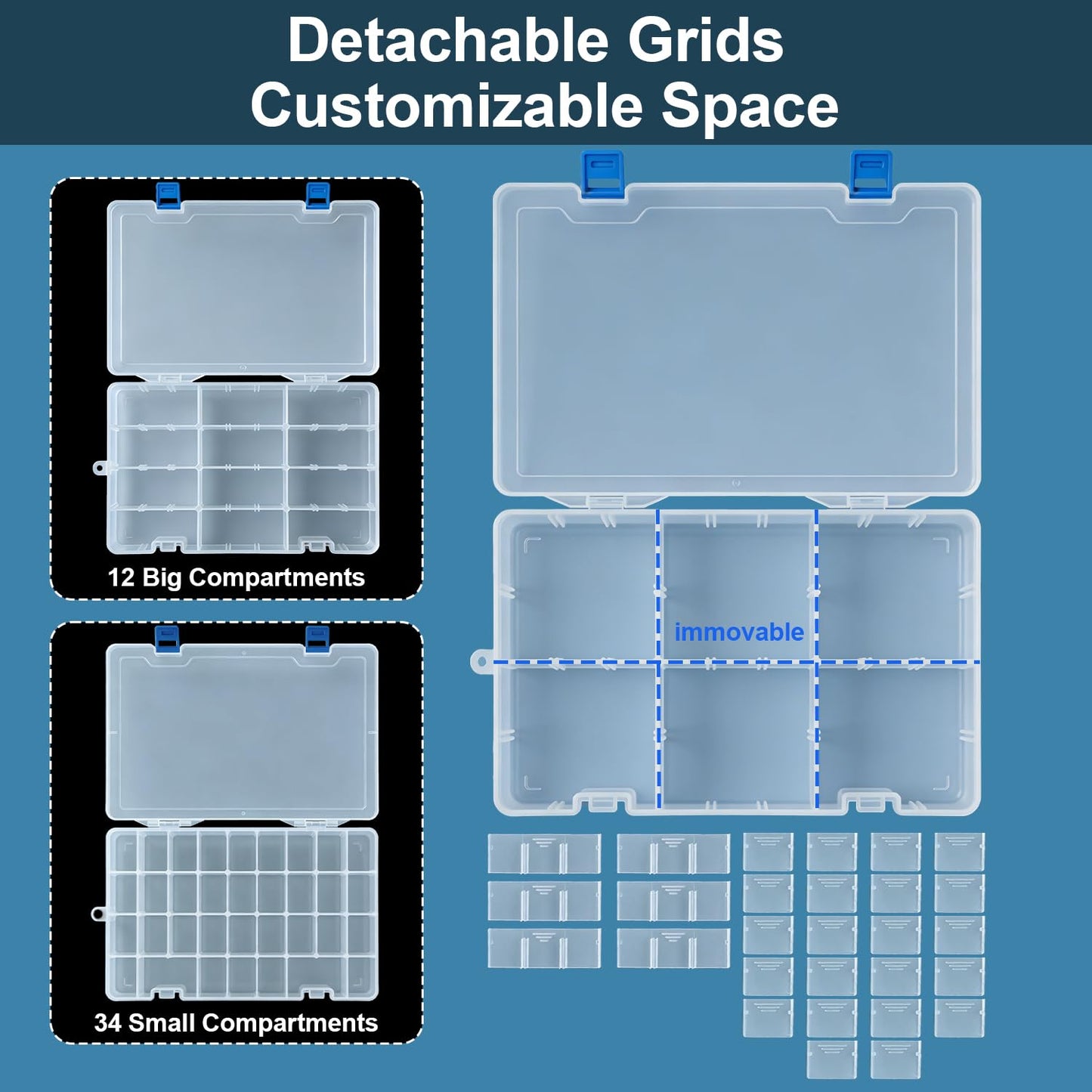 Qualsen 34 Grid Plastic Organizer box with Adjustable Dividers, Fishing Tackle Box and Bead Organizer Box for Jewelry, screw, Earrings, Art Craft, Tools, Fishing Hooks, and Small Accessories