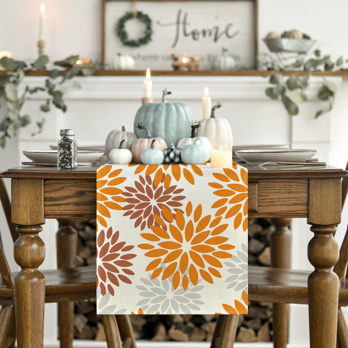Orange Dahlia Floral Pinnata Fall Table Runner, Seasonal Autumn Thanksgiving Kitchen Dining Table Decoration for Home Party Decor 13x72 Inch