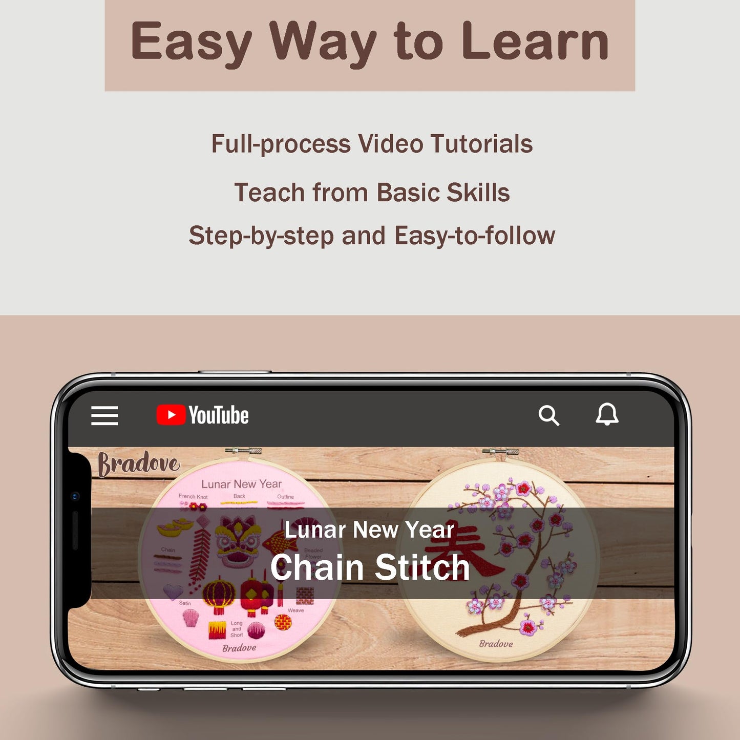 Bradove Lunar New Year Beginners Embroidery Kit for Adults Kids, Learn to Embroider Oriental Patterns, Stitches Kit, Bead Embroidery Kit, Beginner Embroidery Practice