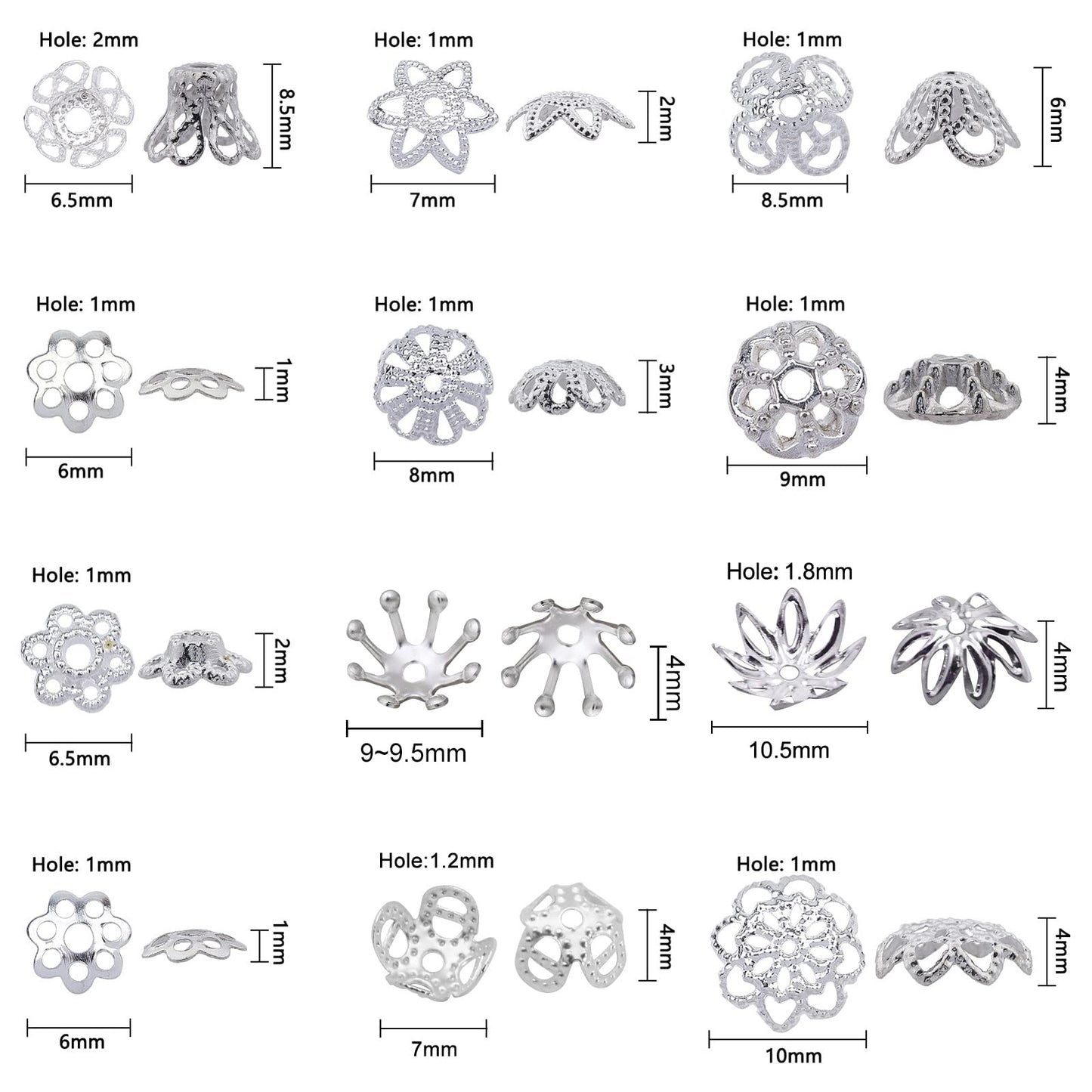 1 Box 240Pcs 12 Styles Flower Spacer Beads Caps Silver Bead Caps Mixed Tibetan Beads Jewelry Findings for DIY Earring Bracelet Necklace Keyring Making